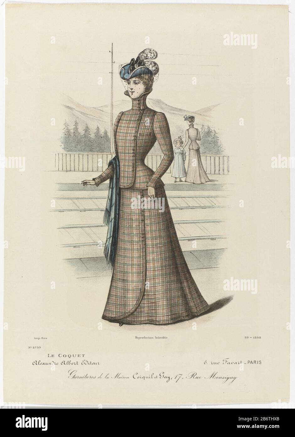 Het eerste mantelpak Le Coquet, 1898, No 2739, Nr 39 Garnitures de la  Maison M, standing on a platform, dressed in a" tailor toilette 'consisting  of a checkered jacket with collar and