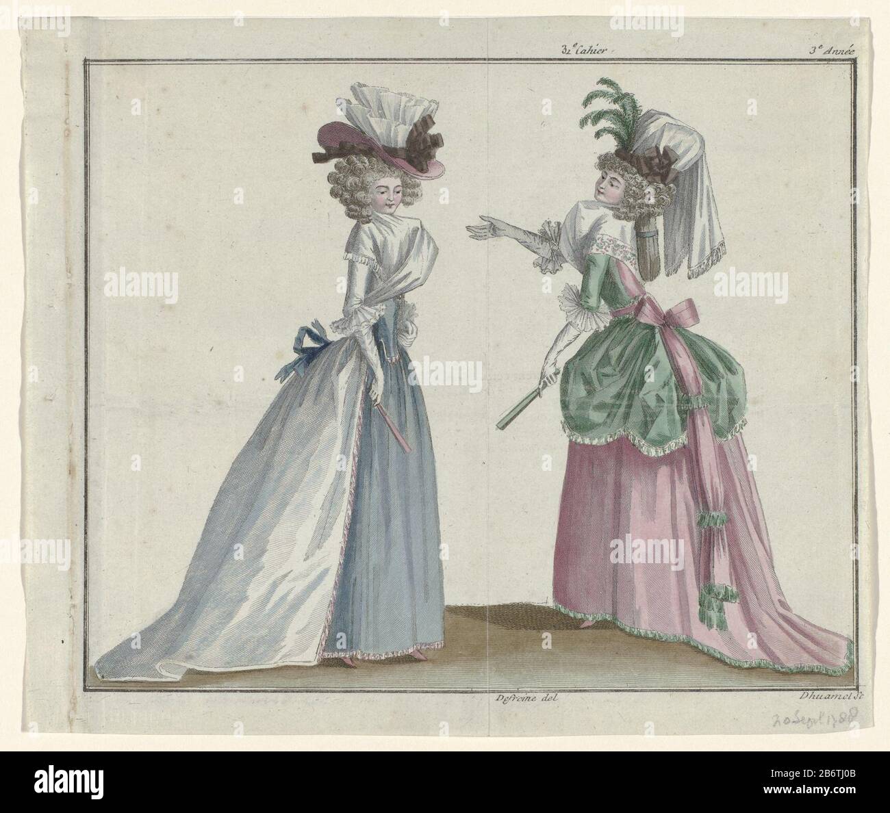 Left: woman in a gown of white crepe on a bodice and petticoat of blue 'gros de Tours. Right: woman in a quit apple green and pink petticoat dress on a long trail of pink satin. The picture is part of the 31 Cahier, 3e année, from the series Magasin des Modes Nouvelles et Françaises Anglaises. The series consists of 172 fashion prints, published by Buisson, Paris 20 November 1786-21 décembre 1789. Manufacturer : printmaker: A. B. Duhamel (indicated on object) to drawing of: Defraine (indicated on object) publisher: Buisson Place manufacture: Paris Date: 1788 Physical characteristics: engra, ha Stock Photo
