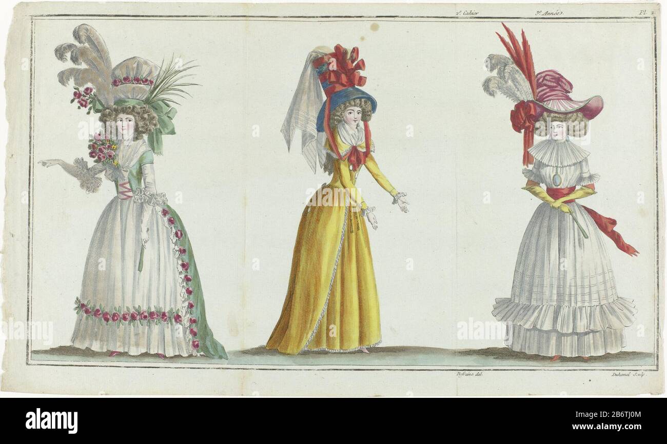 Left: woman a gown of green satin, tulle and decorated with a garland of  roses. Middle: woman in an orange skirt and redingote. Hat blue satin.  Right: woman in a chemise of