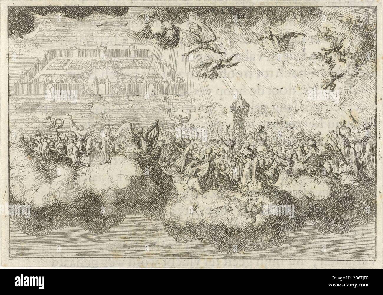 Het hemels Jeruzalem met lofzingende engelen en verlosten The election has with the help of angels, the heavenly Jerusalem bereikt. Manufacturer : printmaker Jan Luyken (listed building) editor: David RuarusPlaats manufacture: Amsterdam Date: 1687 Physical features: etching and text in letterpress on verso material: paper Technique: etching / printing sizes: leaf: h 92 mm × W 132 mmToelichtingIllustratie out: Ruarus, David. Of the world's demise. Amsterdam: David Ruarus, 1687, p. 38. Subject: heaven represented as a city last judgment Stock Photo