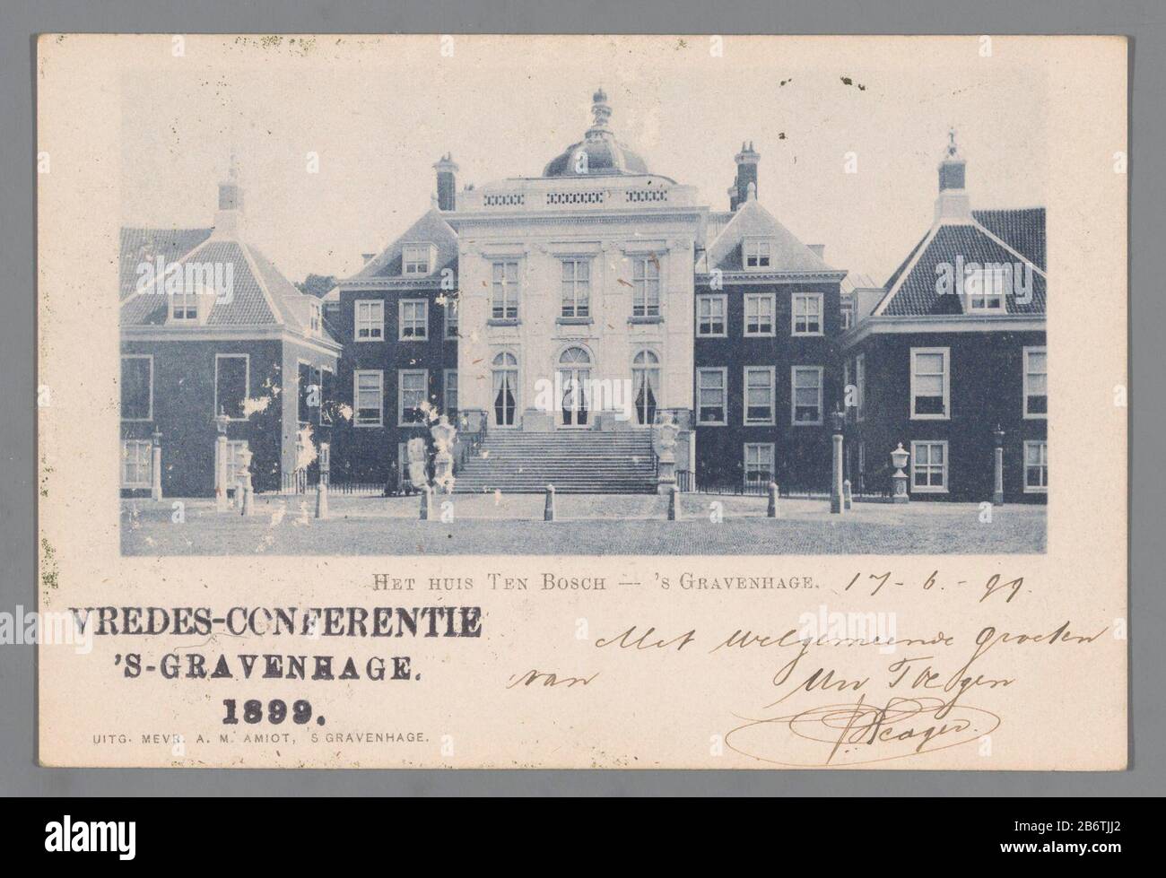 Het huis Ten Bosch - 's Gravenhage (titel op object) House Ten Bosch - The Hague (title object) Property Type: photomechanical print postcard Item number: RP-F F19675 Inscriptions / Brands: inscription, recto, stamped: 'PEACE CONFERENCE / 'S GRAVE HAGE. / 1899.' Manufacturer : creator: anonymous publisher: AM Amiot (listed property) Place manufacture: Den Haag Date: Jun 17 1899 Material: Cardboard Technique: copying / write sizes: Cardboard: H 93 mm × W 137 mm Subject: palace where: Huis ten Bosch Stock Photo