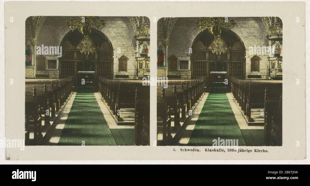 The interior of Husaby kyrka, church HusabySchweden. Kinekulle, 1000 jährige Kirche (title object) Property Type: Stereo picture Item number: RP-F F12833 Inscriptions / Brands: number, recto, printed: '4'opschrift, verso, printed:' Schweden. Kinekulle. 1000jährige Kirche./ Sweden. Kinekulle. Church 1000 years old./ Suede. Kinekulle. Eglise 1000 ans./ Suecia. Kinekulle. Iglesia 1000 años.'monogram, verso, printed: 'BW' Manufacturer : Photographer: BW (listed property) Place manufacture: Husaby Dating: 1898 - 1935 Material: paper Technique: gelatin silver print / hand color dimensions: Secondary Stock Photo