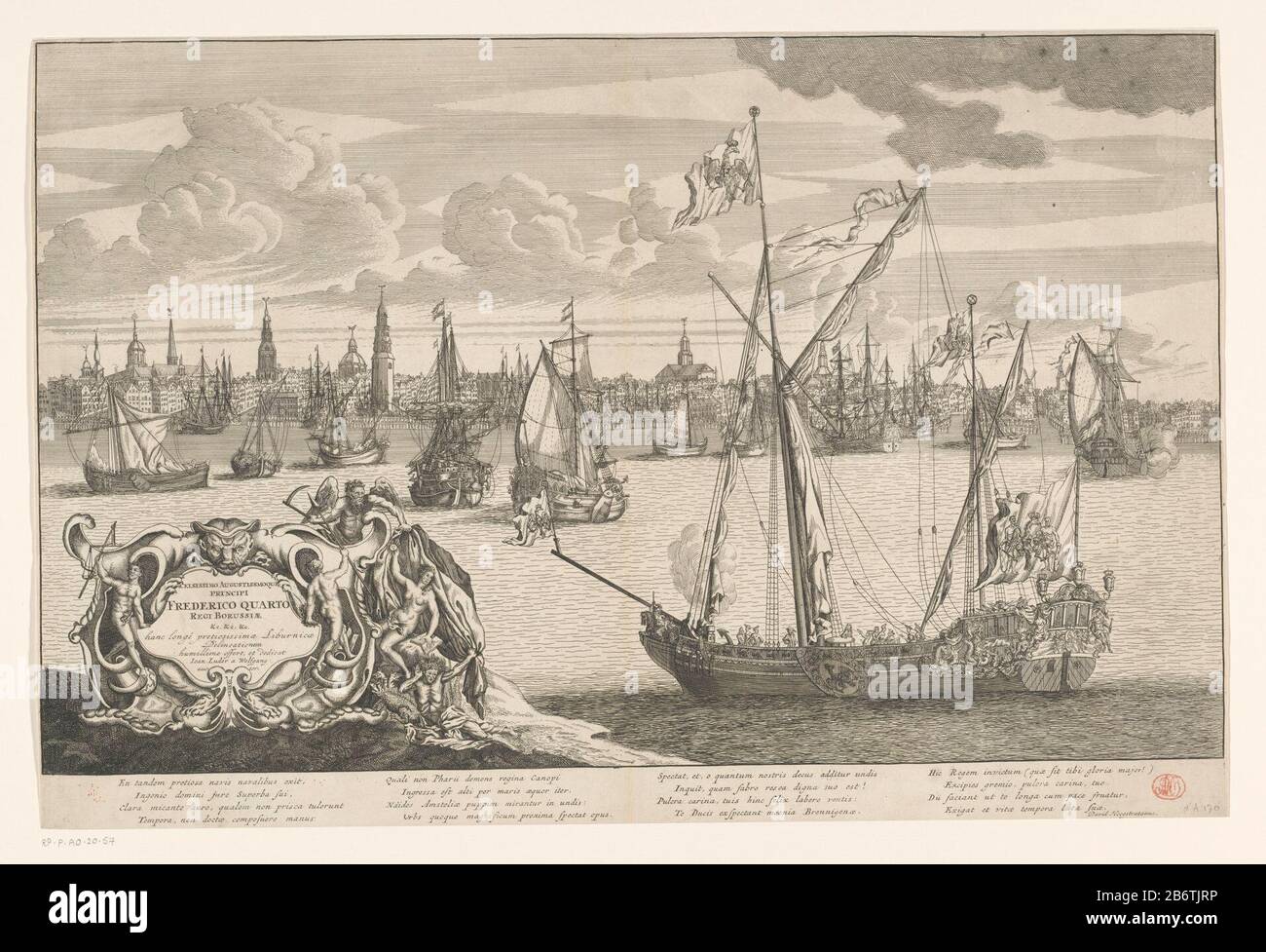 Het jacht geschonken door de Staten-Generaal aan koning Frederik I van Pruisen, 1707 Face the richly decorated yacht donated by the States General of king Frederick I of Prussia, ca. 1707. the yacht on the water of the IJ, Amsterdam in the background. On the left the command in an ornamental cartouche with a fantasy being and allegorical figures. In the caption verse 16 lines in Latijn. Manufacturer : printmaker Joan Luder à Wolfgang (possible) printmaker: anonymous design by Joan Luder à Wolfgang (listed property) writer: David Fransz. Hoogstraten (listed on object) commissioned by Joan Luder Stock Photo