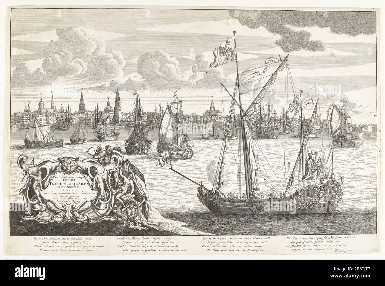 Het jacht geschonken door de Staten-Generaal aan koning Frederik I van Pruisen, 1707 The yacht donated by the States General of King Frederick I of Prussia, 1707 Object Type : picture Item number: RP-P-1912-300Catalogusreferentie: FMH 3419-AOpmerking (added number RPK) Description: View of the richly decorated yacht donated by the States General of king Frederick I of Prussia, ca. 1707. the yacht on the water of the IJ, Amsterdam in the background. On the left the command in an ornamental cartouche with a fantasy being and allegorical figures. In the caption verse 16 lines in Latijn. Manufactu Stock Photo