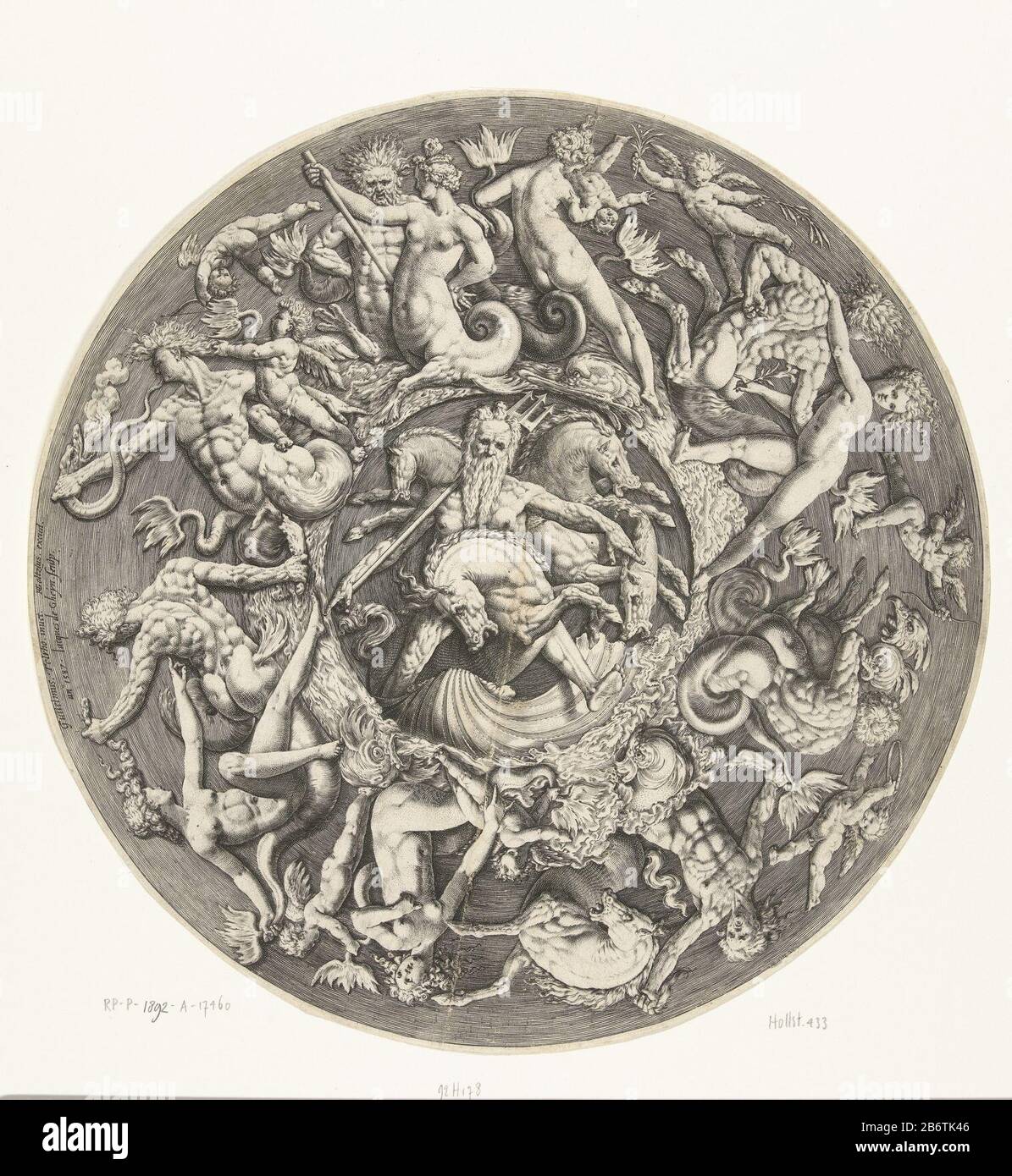 Het koninkrijk van Neptunus Round performance with Neptune in the center, on horseback and with a trident in his right hand, surrounded by water Where: on (ao) more men (tritons), nymphs and cherubs frolicking. Design for a bronze plaque or schaal. Manufacturer : printmaker Jacob de Gheyn (II) (listed building), designed by Willem Danielsz. of tetrode (listed on object) Publisher: Hendrick Goltzius (listed property) Place manufacture: printmaker: Netherlands Publisher: Haarlem Dating: 1587 Physical features: car material: paper Technique: engra (printing process) Dimensions: leaf d 250 mm Subj Stock Photo