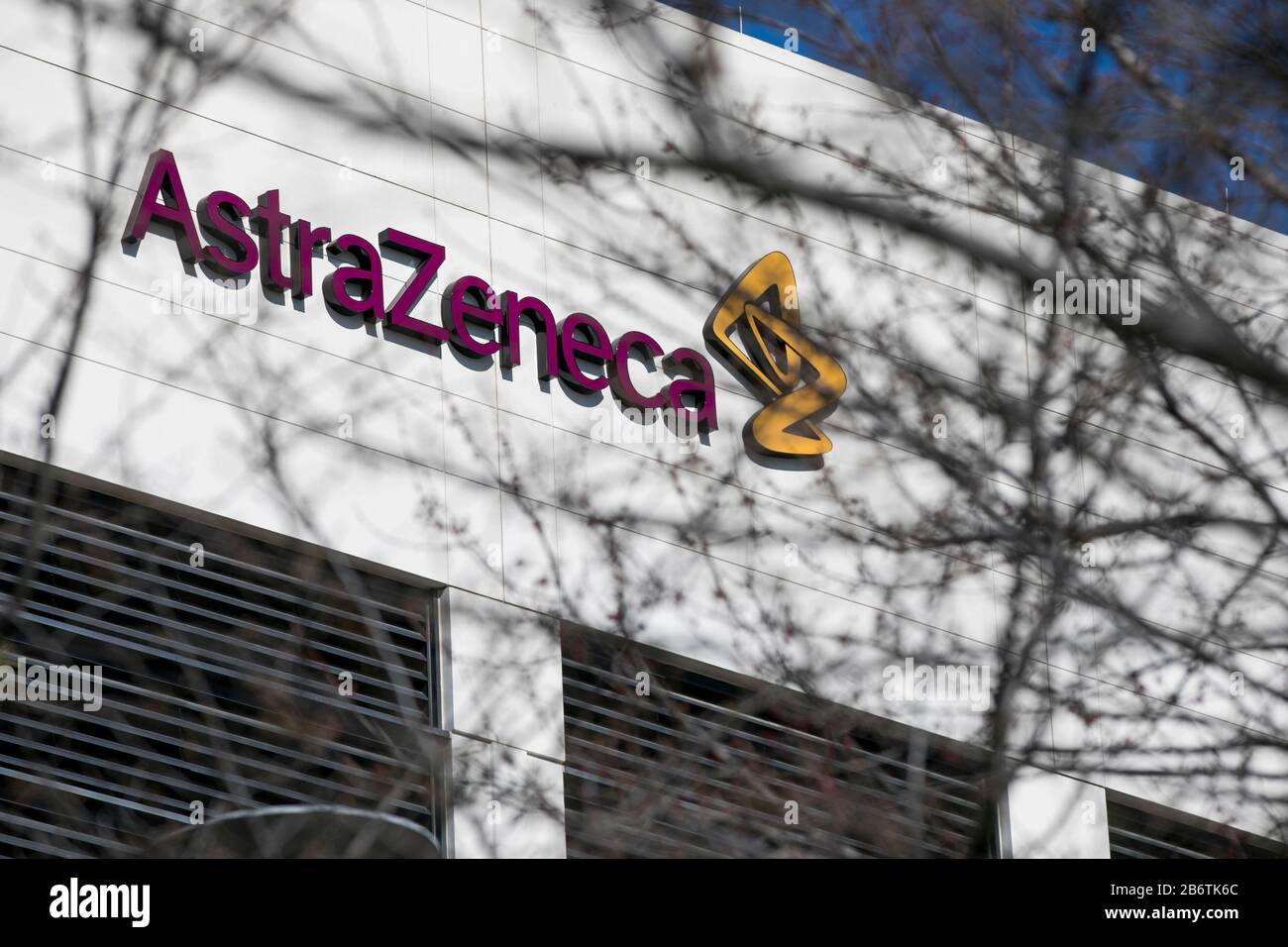 A logo sign outside of a facility occupied by AstraZeneca in Germantown, Maryland on March 8, 2020. Stock Photo