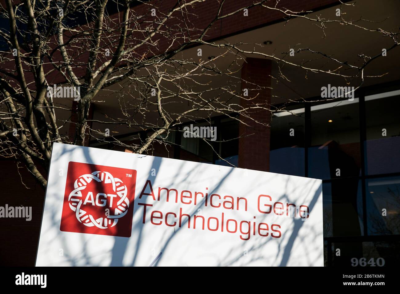 A logo sign outside of the headquarters of American Gene Technologies in Rockville, Maryland on March 8, 2020. Stock Photo