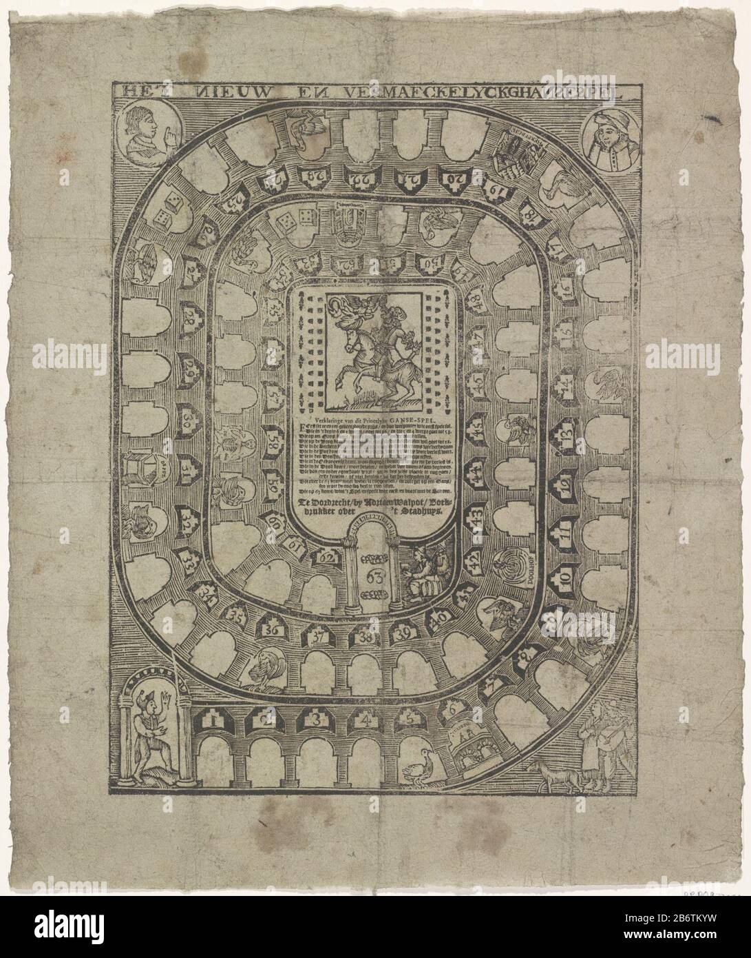Het nieuw en vermaeckelyck ghansespel (titel op object) Goose Game numbered boxes 1 to 63. In some boxes representations of geese. The large central compartment the rules and William III on horseback with him over the winged victory. Title in bovenmarge. Manufacturer : publisher: Adriaan WalpotPlaats manufacture: Dordrecht Date: 1760 - 1793 Physical features: woodcut material: paper Technique: houtsnede Subject: goose game board game board games or chanceVictoryWie: William (Prince of Orange and King of England, Scotland and Ireland) Stock Photo