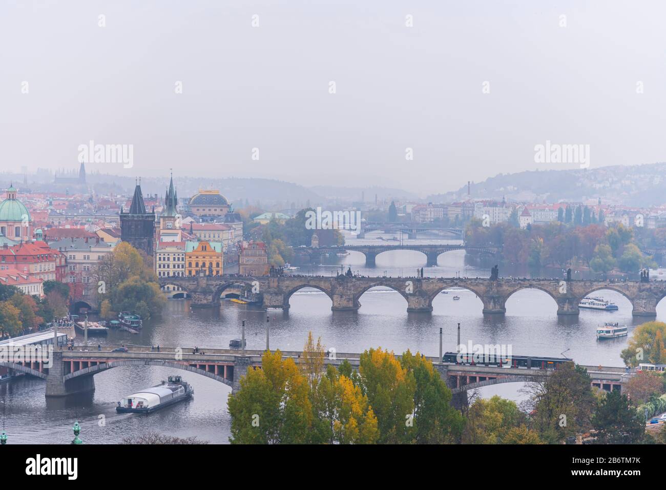 Skyline view with historic Charles Bridge or Karluv Most and Vltava river, Prague, Czech Republic Stock Photo