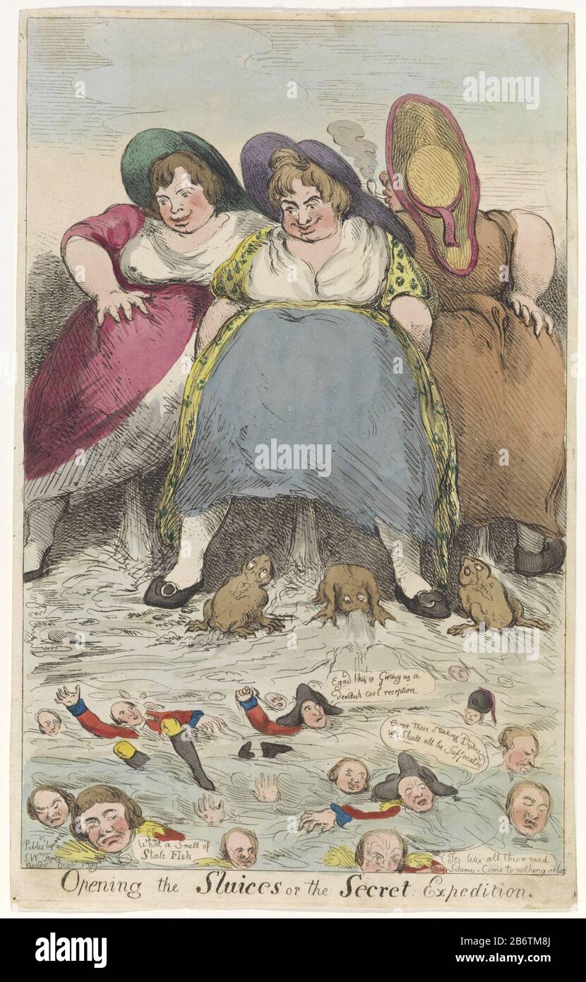 Het Openen Van De Sluizen 1799 Opening The Sluices Or The Secret Expedition Titel Op Object Cartoon Where In Three Large Thick Dutch Fishwives Straw Hats With Copious Standing To Urinate The