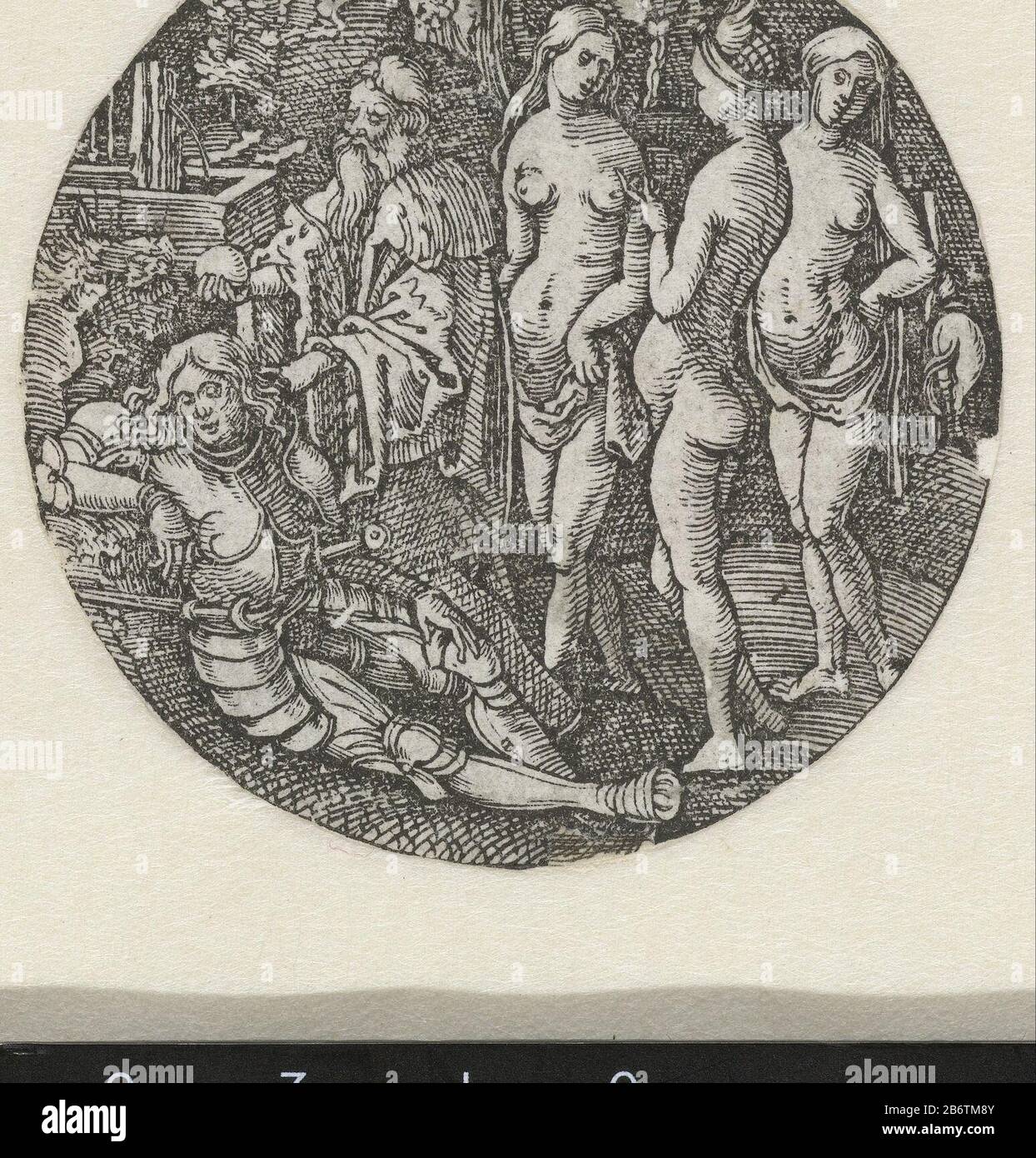Het oordeel van Paris Round depicting three scantily clad women , an elderly man in a heavy jacket and a younger man in armor. The older man (Mercury) offers the young man (Paris), which seems to sleep, an apple, to one of the three women (Venus, Minerva and Juno) to geven. Manufacturer : printmaker Hans Springinklee (attributed to) printmaker Albrecht Dürer (school) Place manufacture: Nuremberg Date: 1510 - 1520 Physical features: woodcut material: paper Technique: woodcut dimensions: sheet: d 57 mm Subject: the Judgment of Paris (Mercury present) Stock Photo