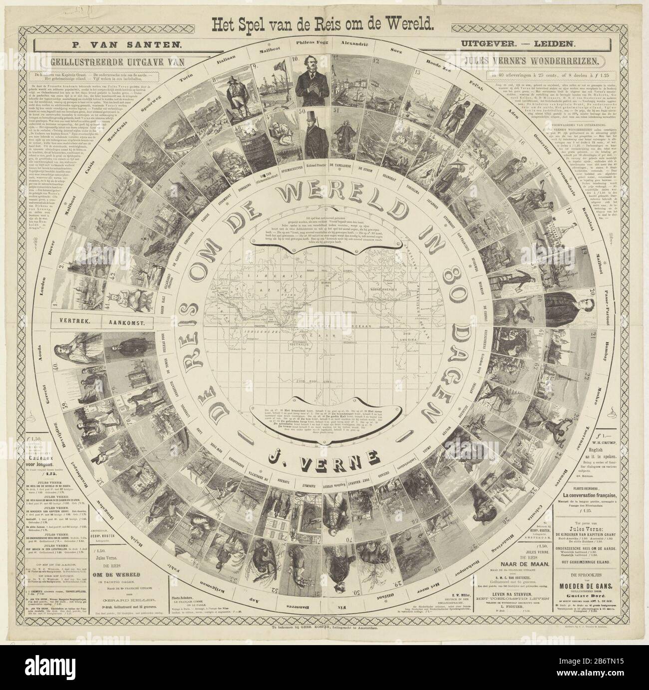 Het spel van de reis om de wereld (titel op object) Round board with two  concentric circles with a total of 80 numbered spaces with representations  of animals, cities and characters from