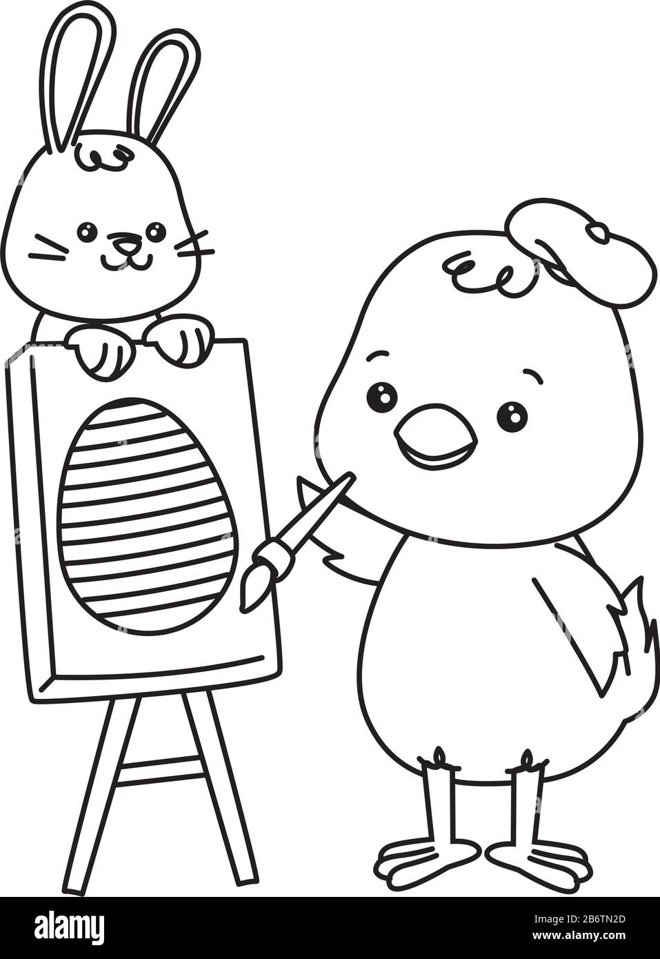little rabbit and chick painting egg easter characters Stock Vector