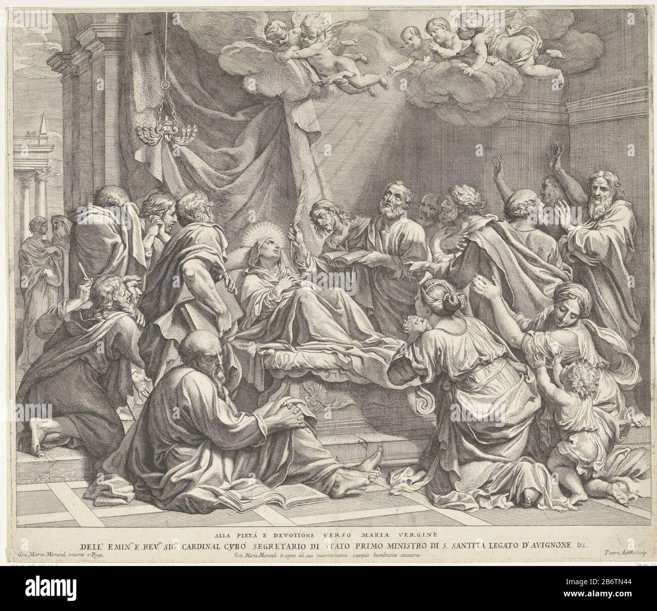Het sterfbed van Maria Maria is on her deathbed. standing around the bed  and kneel and pray the Apostles women. Above the bed float putti.  Manufacturer : printmaker Pietro Aquila (listed property)
