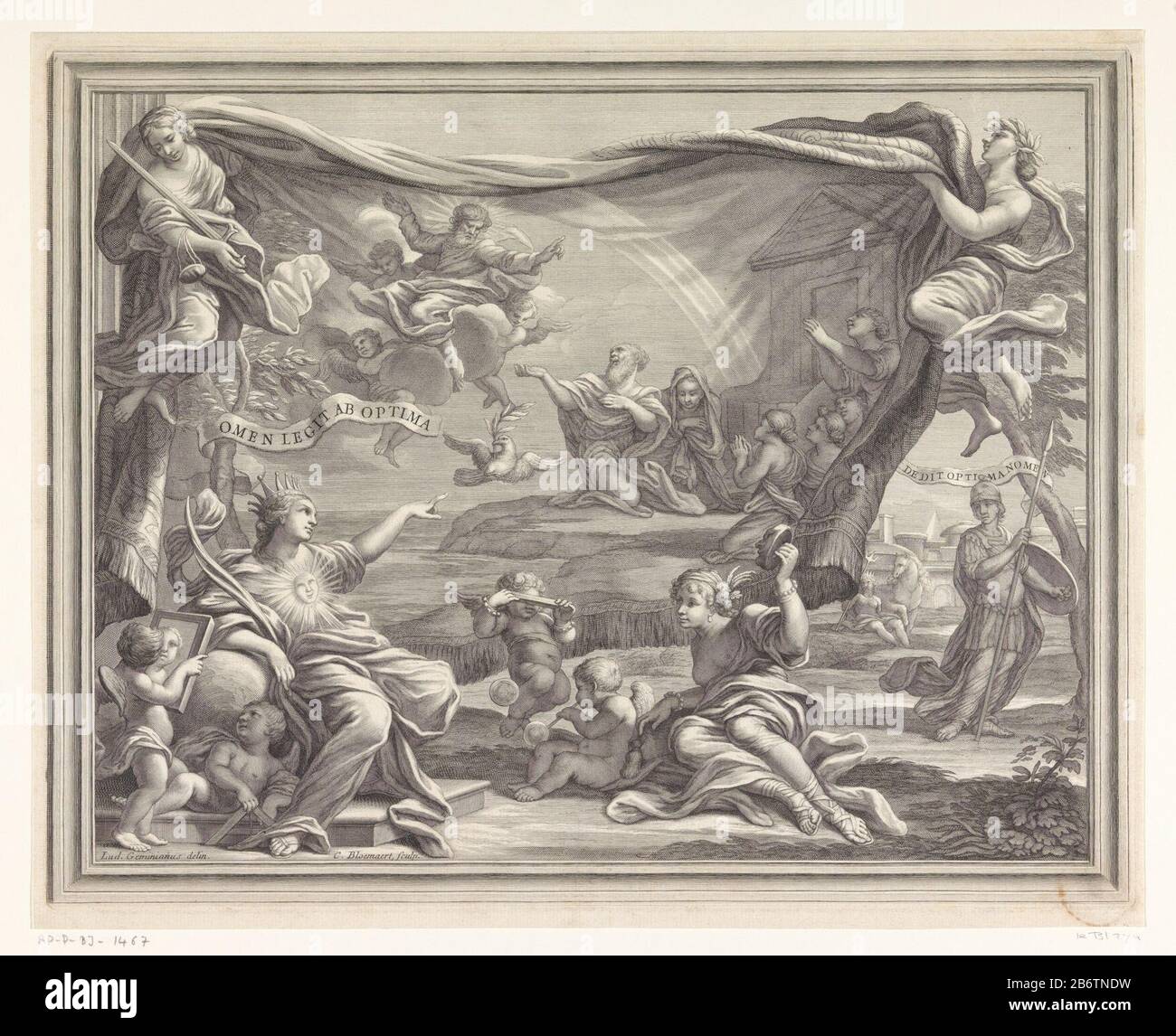 Het verbond tussen God en Noach Allegorische prent met antieke goden en putti die naar een tapijt met een afbeelding van het verbond tussen God en Noach kijken. De duif met de olijftak in haar snavel is net gearriveerd en Noach wil God voor de redding danken. Hij zit met zijn familie voor de ark. Op de achtergrond is een regenboog te zien. Manufacturer : prentmaker: Cornelis Bloemaert (II) (vermeld op object)naar tekening van: Ludovico Gimignani (vermeld op object)Plaats manufacture: Rome Dating: 1658 - 1692 Physical kenmerken: gravure Material: papier Techniek: graveren (drukprocedé) Dimensio Stock Photo