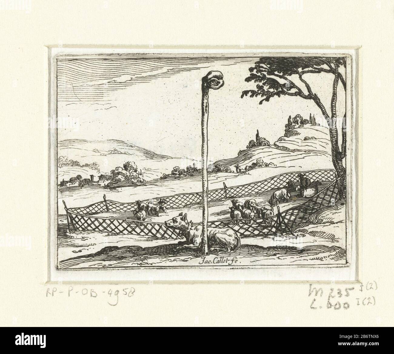 Het wakende oog Kloosterleven in emblemen (serietitel) Presentation of a fence Where: in sheep grazing; next to it is a watchdog and has a view on a stick. This chapter is part of the series logo 'Abbey Life emblems. The second state of this series includes alongside an illustrated title page and 26 emblems have a title page and a sheet assignment, both in printing without afbeelding. Manufacturer : printmaker Jacques Callot (listed building) in its design: Jacques CallotPlaats manufacture: Nancy Dating : 1621 - 1635 Physical characteristics: etching material: paper Technique: etching dimensio Stock Photo