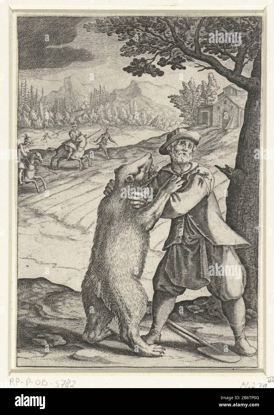 Het wonder van Spadino en de beer a man fights with a bear. In the background, two horsemen and two pedestrians in a mountain landscape near a huisje. Manufacturer : printmaker Jacques CallotPlaats manufacture: Florence Date: 1614 Physical features: car material: paper Technique: engra (printing process) Dimensions: sheet: h (cut off part of margin) 118 mm b × 81 mmToelichtingGebruikt as illustration in: Gio. Angiolo Lottini, "Scelta d'alcuni miracoli e grazie della Santissima nunziata di Firenze '(a book about miracles done by Our Lady of the Annunicatie Florence, three editions in Florence, Stock Photo