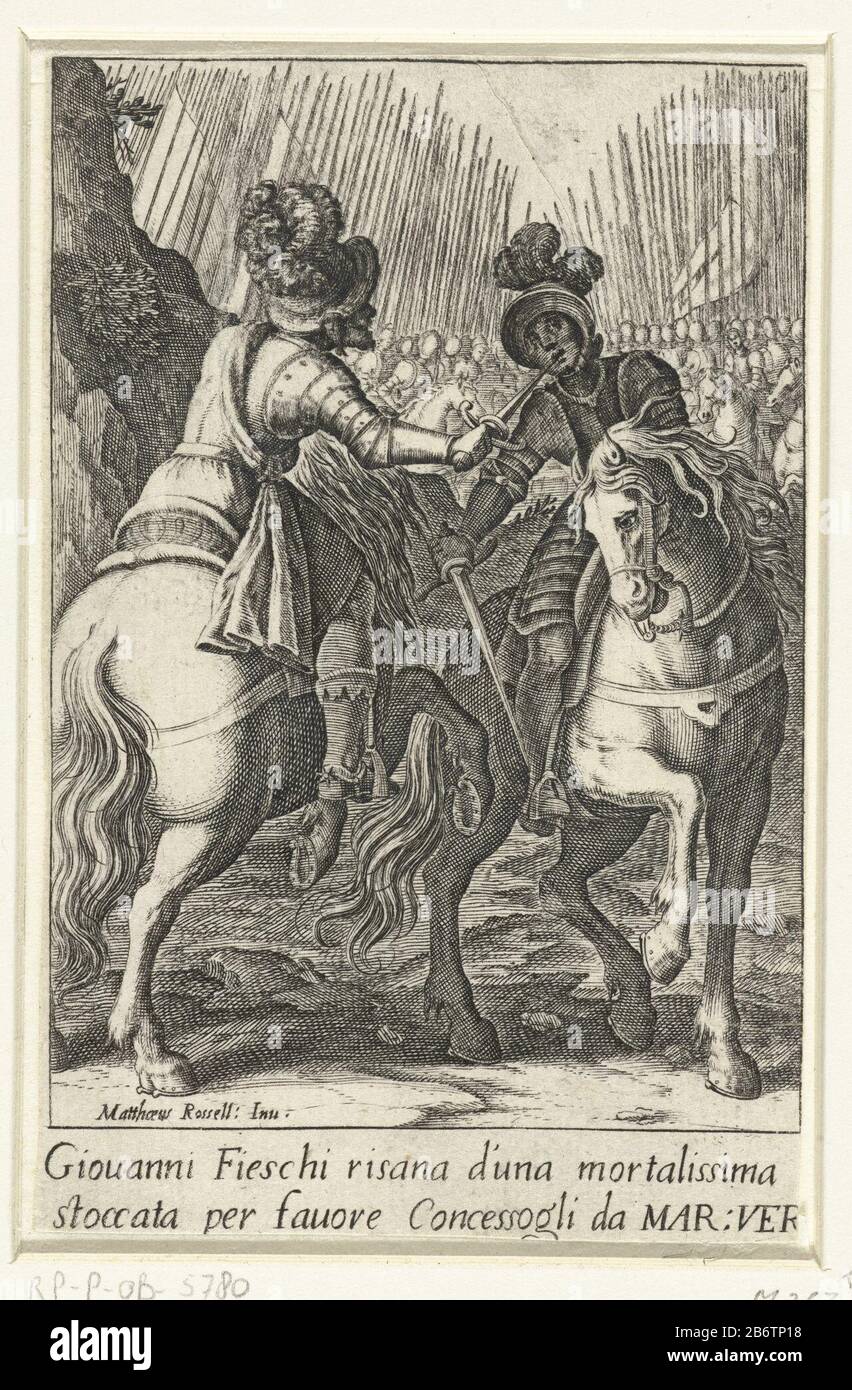 Het wonder van Giovanni Fieschi a rider by another rider with a heavy: d inserted in the face. In the background a troop spear horsemen. Among the show two lines of Latin tekst. Manufacturer : printmaker Jacques Callotnaar design: Matteo Rosselli (listed property) Place manufacture: Florence Date: 1614 Physical features: car material: paper Technique: engra (printing process) Dimensions: sheet: H 125 mm (part of cut-off margin) × b 80 mmToelichtingGebruikt as illustration in: Gio. Angiolo Lottini, 'Scelta d'alcuni miracoli e grazie della Santissima nunziata di Firenze '(a book about miracles d Stock Photo
