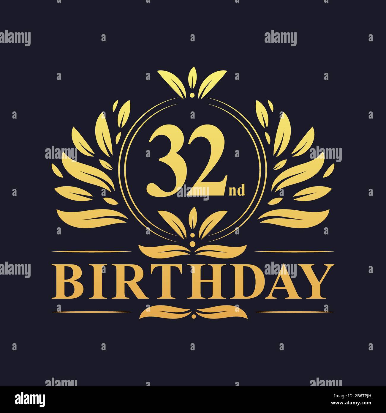 32nd Birthday Design, luxurious golden color 32 years Birthday celebration. Stock Vector