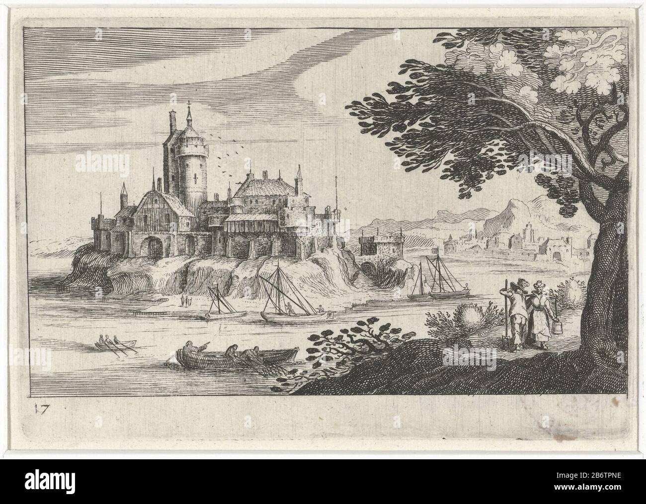Heuvellandschap met een kasteel op een eiland Zuid-Europese landschappen (serietitel) Topographia variarum regionum (serietitel) Several boats in the water around a castle. Right, a man and a milkmaid at a boom. Manufacturer : printmaker Simon Frisiusprentmaker: Hendrick Hondius (I) (attributed to) design by: Matthijs Bril Publisher: Hendrick Hondius (I) provider of privilege unknown place manufacture: printmaker: Northern Netherlands Print Author: Den Haag Publisher: Den Haag Date: 1611 Physical characteristics: etching material: paper Technique: etching dimensions: plate edge: h 107 mm × W 1 Stock Photo