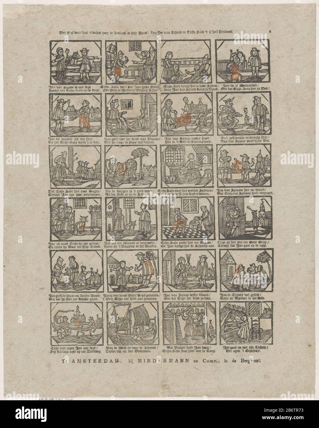 Hier is al weer wat nieuws voor de kinders in deze prent Van jan van Spanje en Trijn Salie 't is heel pertinent (titel op object) Leaf with 24 performances on the life of John of Spain and his wife Trijn Sage. Under each image a two-line verse. Numbered top right: 5. Manufacturer : Seller: Less Mann & Co. (Listed building) publisher: Jan Hendrik de Lang Print Author: anonymous place Manufacture: Seller: Amsterdam Publisher: Deventer Print Author: Netherlands Date: 1814 - 1848 Physical features: woodcut colored in orange; text printing material: paper Technique: woodcut / colors / printing size Stock Photo