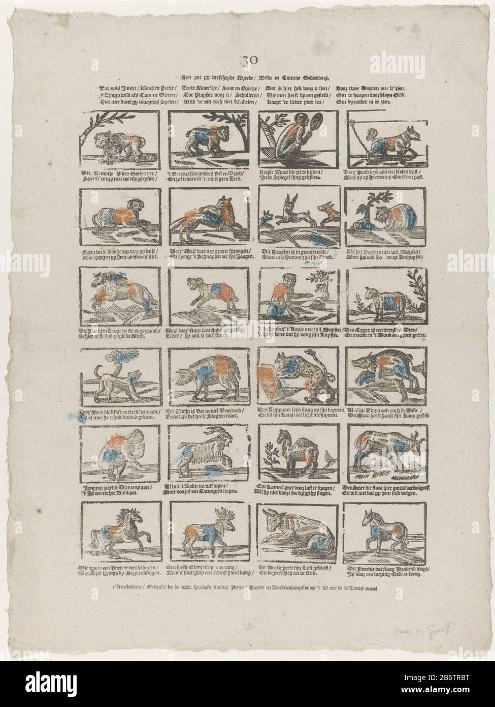 Hier ziet gij verscheyde wreede wilde en tamme gediertens (titel op object) Sheet with 24 representations of animals, including a lion, a bear, a monkey, a dog and a horse. Beneath each image is a two-line fresh, a freshly in four columns below the title. Numbered top center: 30. Manufacturer : publisher: widow Hendrik van der Putte (listed building) printmaker: anonymous place manufacture: Publisher: Amsterdam Print Author: Netherlands Date: 1765 - 1767 Physical features: woodcut colored in blue, yellow and orange; text printing material: paper Technique: woodcut / colors / printing sizes: sh Stock Photo