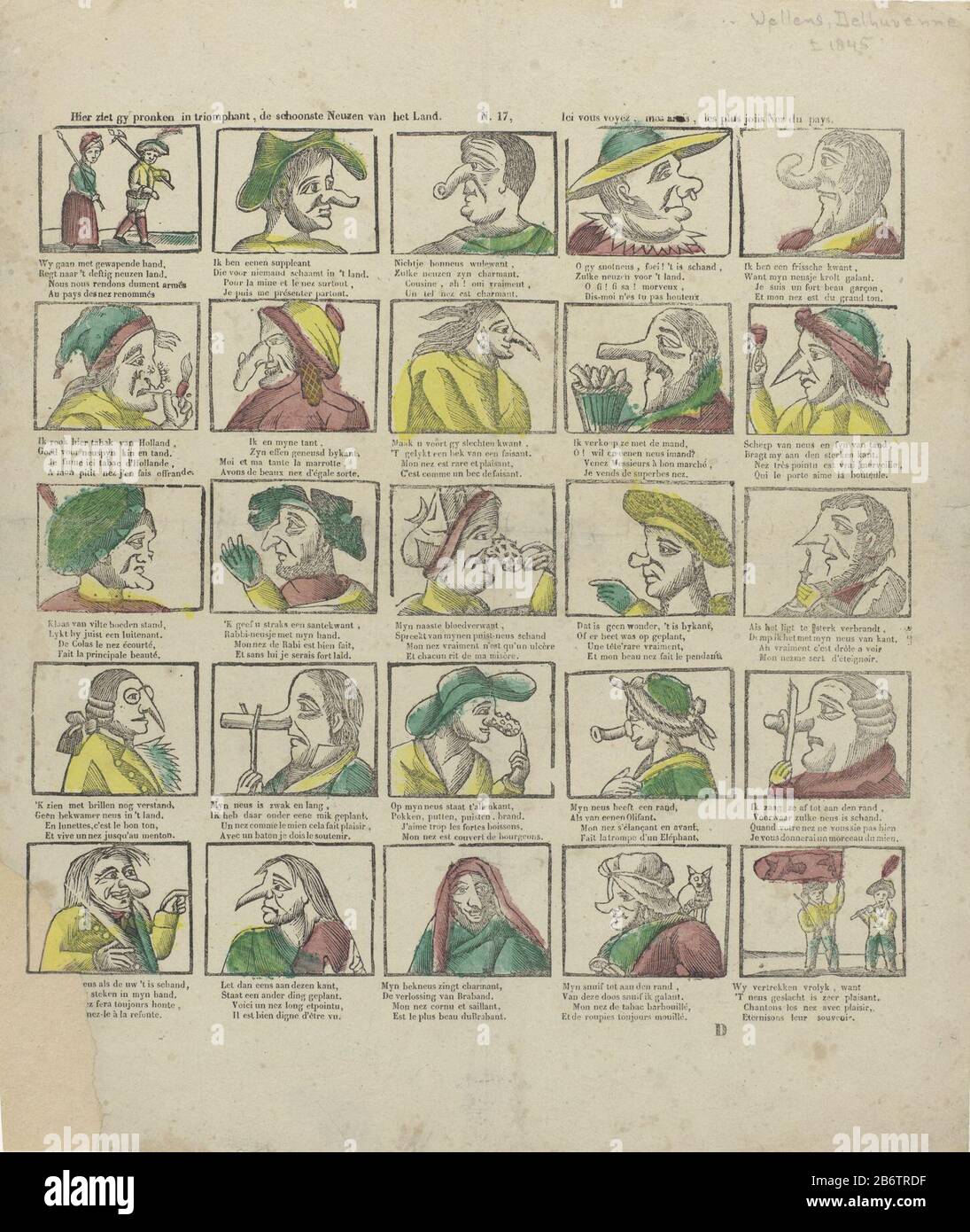 Sheet with 25 comical representations of figures with large and deformed  noses. Under each show a two-line verse in Dutch and French. Numbered top  center: N. 17. Manufacturer : publisher: P.J. Delhuvenne (