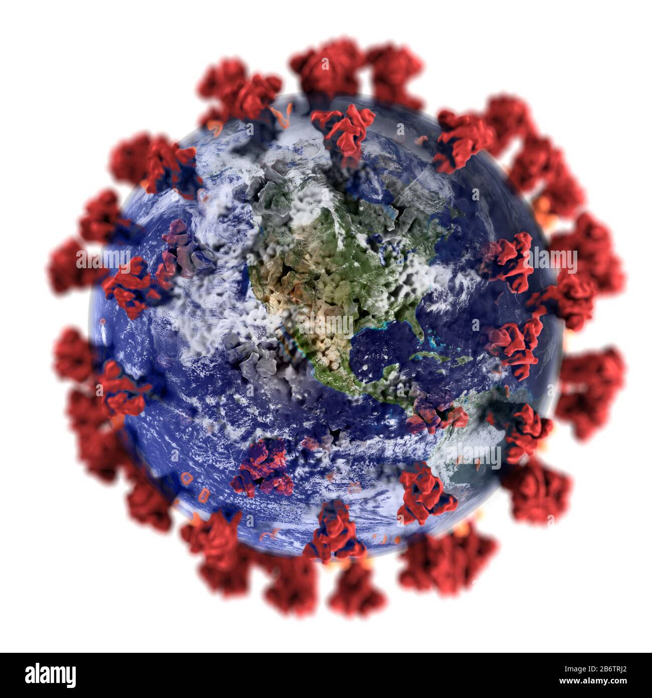 This is a photo composite showing the planet Earth inside a single  coronavirus. North America is in the center. Pandemic, global infection. Stock Photo