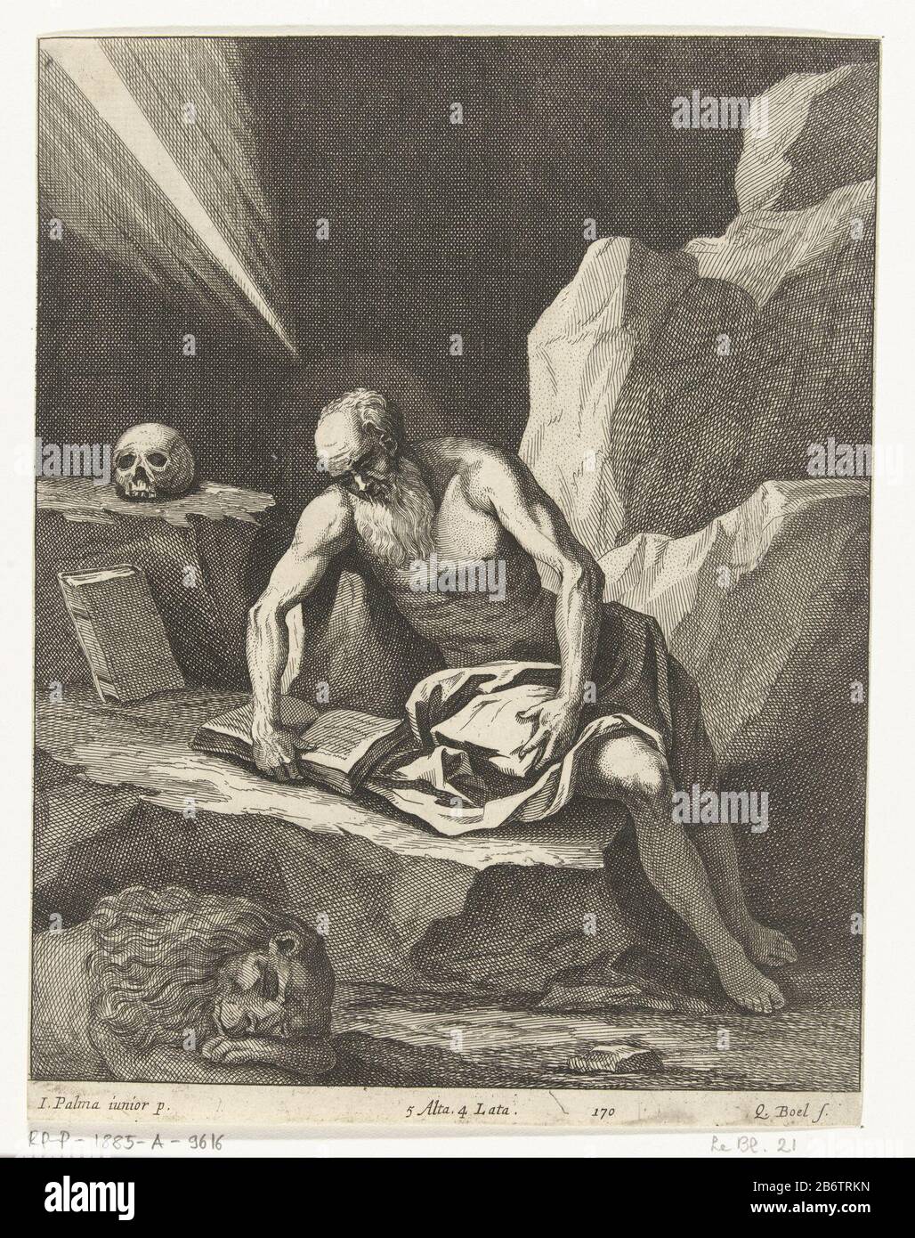 Hieronymus in een grot Theatrum Pictorium (serietitel) The saint Jerome is  in a cave reading a stone. On the ground, the lion sleeps. Print from the  catalog of Italian paintings of Leopold