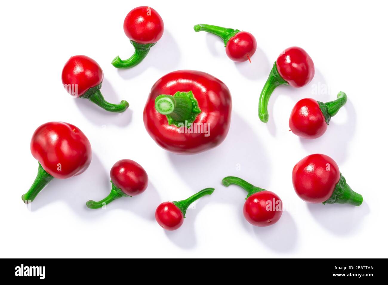 Different cherry peppers (Capsicum annuum fruits), whole pods, isolated