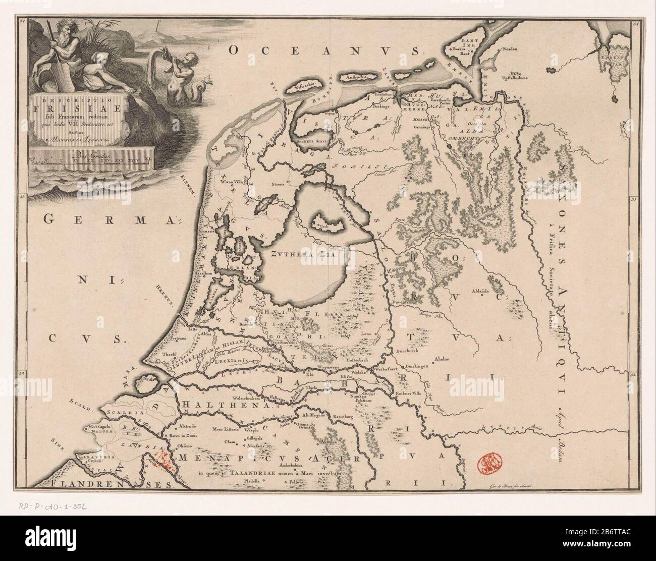 Historische kaart van Nederland met de gebieden van de Bataven en Friezen Descriptio Frisiae sub Francorum reditum (titel op object) Map of the Netherlands and Germany in Roman times with the area where the Frisians lived. Top left a cartouche with title, a river god and a triton. Scale Stok lower cartouche: Berry gradus. Degree distribution along left and rechterrand. Manufacturer : printmaker: Gerrit de Broen (I) (listed building) writer: Menso Alting (listed property) Place manufacture: Amsterdam Date: 1697-1700 and / or 1725 Physical features: etching and engra material: paper Technique: e Stock Photo