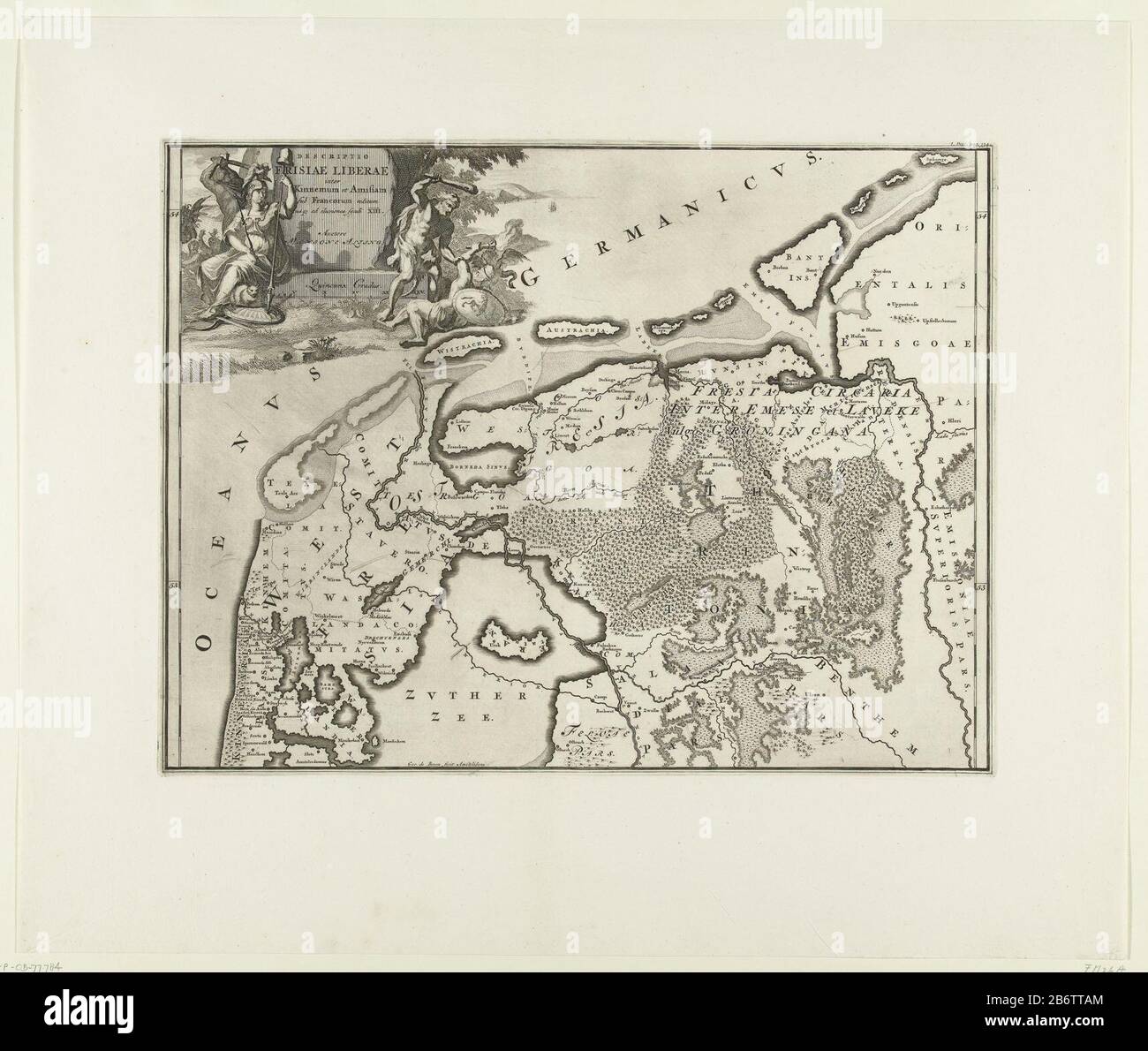 Historische kaart van Nederland met de gebieden van de Bataven en Friezen Descriptio Frisiae Liberae inter Kinnemum et Amisian (titel op object) Map of the Frisian areas in the Netherlands and Germany. Part of 16 cards of the land of the Batavi and the Friesians first prepared for and recorded in M. Alting, Descriptio ant. agri Batavi et Frisii, s. notitia Germ. infer., 2 parts, 1697-1700. Reused in F. Halma, Tooneel of the United Netherlands and dependent landscapes, geopent placed in a general historical, genealogical, geographic or political dictionary, 2 parts, 1725. According to words in: Stock Photo