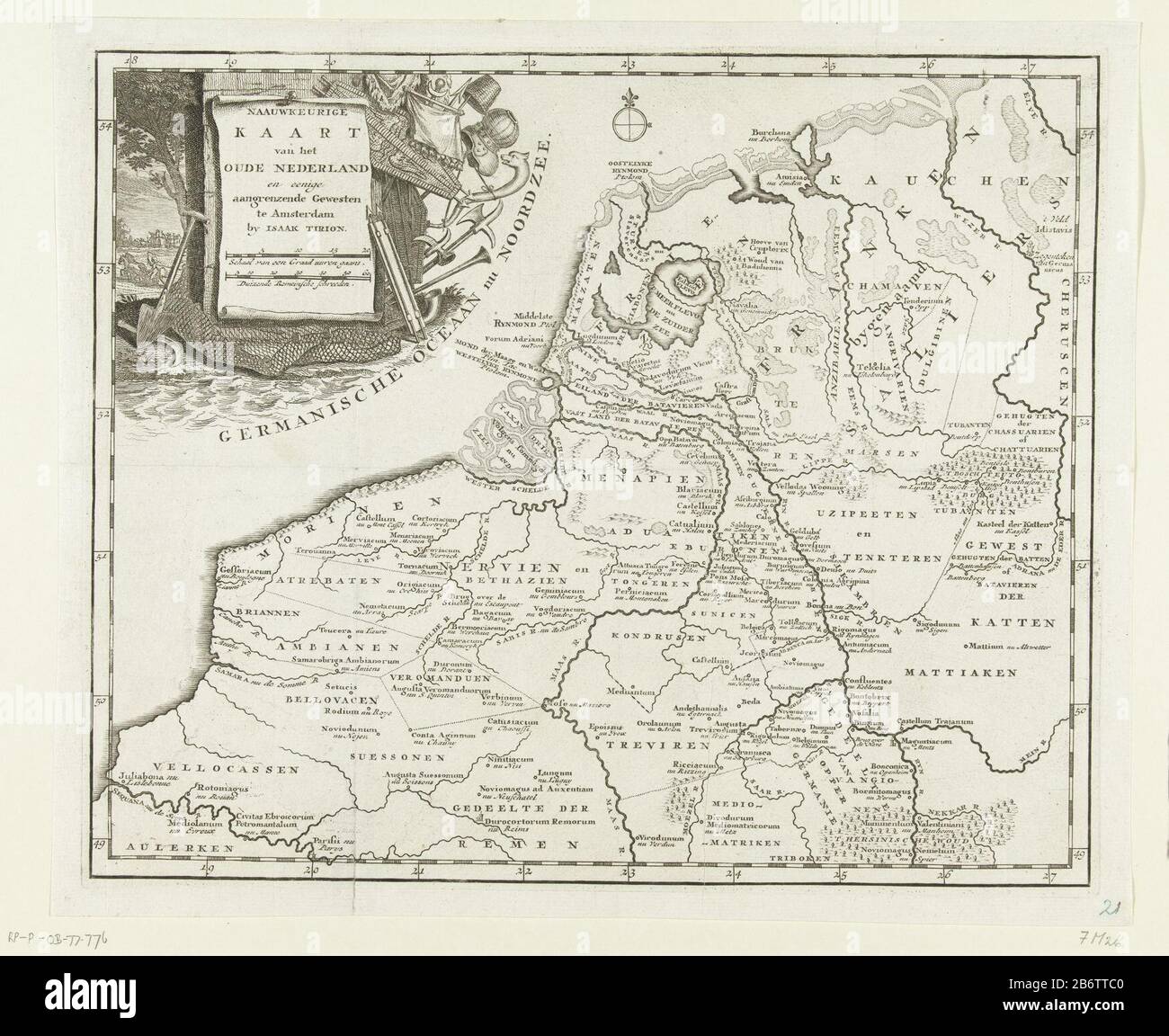 Historische kaart van Nederland met de gebieden van de Bataven en Friezen Naauwkeurige Kaart van het Oude Nederland en eenige aangrenzende Gewesten (titel op object) Map of the Netherlands at the time of the Batavians. Top left a cartouche with the title decorated with attributes of fishing, hunting and landbouw. Manufacturer : printmaker: anonymous publisher: Isaak Tirion (listed property) Place manufacture: printmaker: Netherlands Publisher: Amsterdam Date: 1747 - 1759 Physical features: etching and engra material: paper Technique : etching / engra (printing process) Dimensions: h 295 mm × W Stock Photo