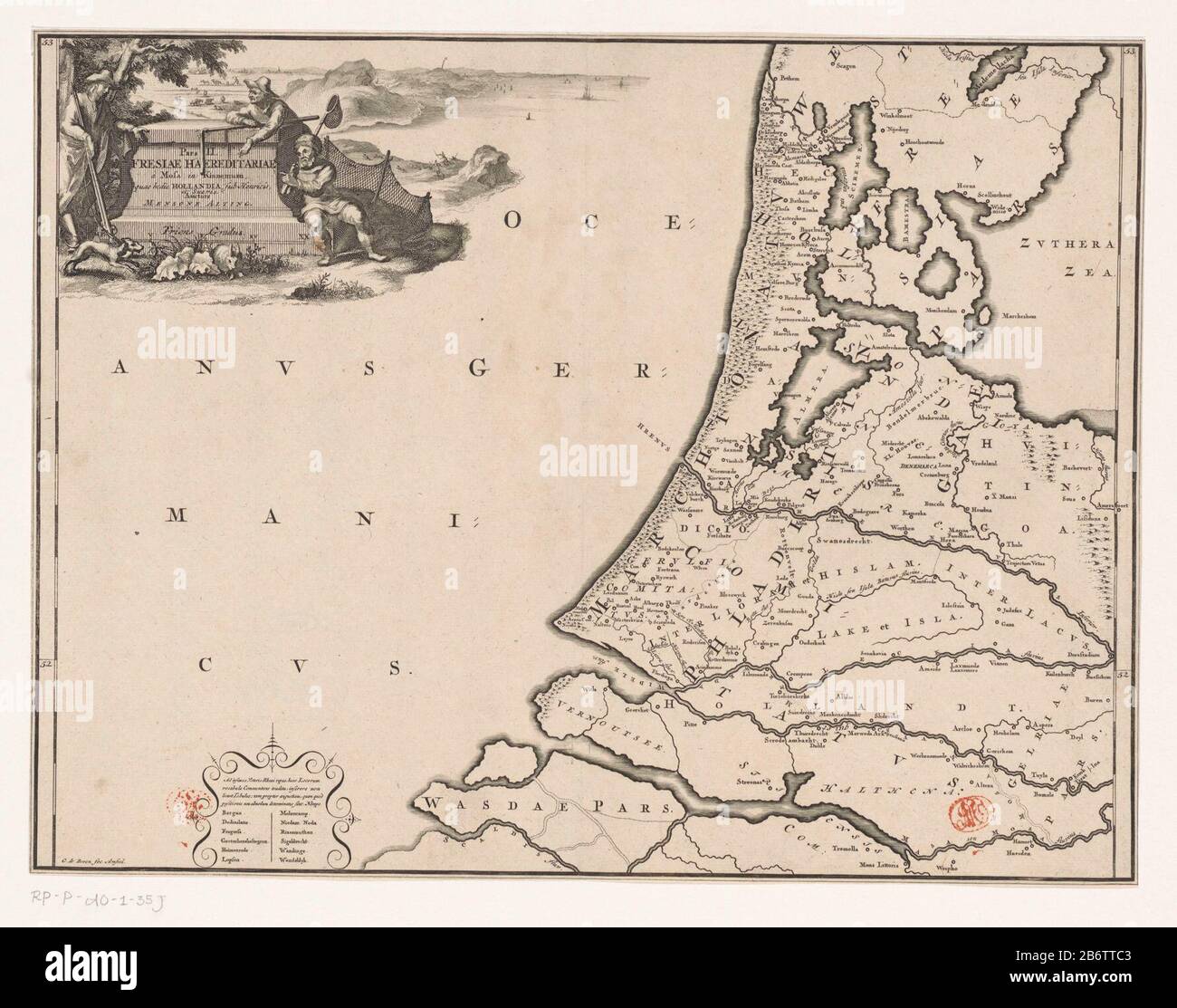 Historische kaart van Nederland met de gebieden van de Bataven en Friezen Pars II Fresiae haereditariae (titel op object) Map of the Frisian areas in the western Netherlands in Roman times. Top left one cartouche with title, around it are a hunter, a farmer and displayed a fisherman. Scale Stok lower cartouche: Triens gradus. Bottom left a cartouche with some old places that are not shown on the map because their exact location could not be determined anymore. Degree distribution along left and rechterrand. Manufacturer : printmaker: Gerrit de Broen (I) (listed building) writer: Menso Alting ( Stock Photo