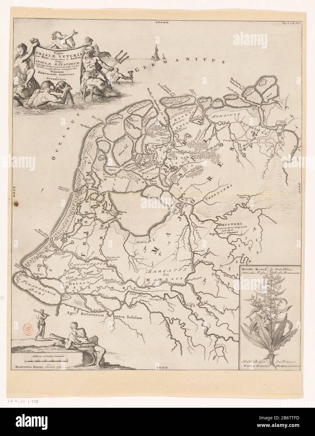 Historische kaart van Nederland met de gebieden van de Bataven en Friezen Typus Frisiae veteris insulae Batavorum (titel op object) Map of the Frisian and Batavian areas in Netherlands in Roman times . Top left cartouche with title, surrounded by Neptune and some Tritons. Bottom left cartouche with scale bar: Milli Aria Germanica COMMUNIA. Above the cartouche two Germanic warriors (possibly Frisians). Bottom right cartridge with a representation of the plant water sorrel (Rumex hydrolapathum). This plant has been used as Pliny the Frisians to combat scheurbuik. Manufacturer : printmaker: Caspa Stock Photo