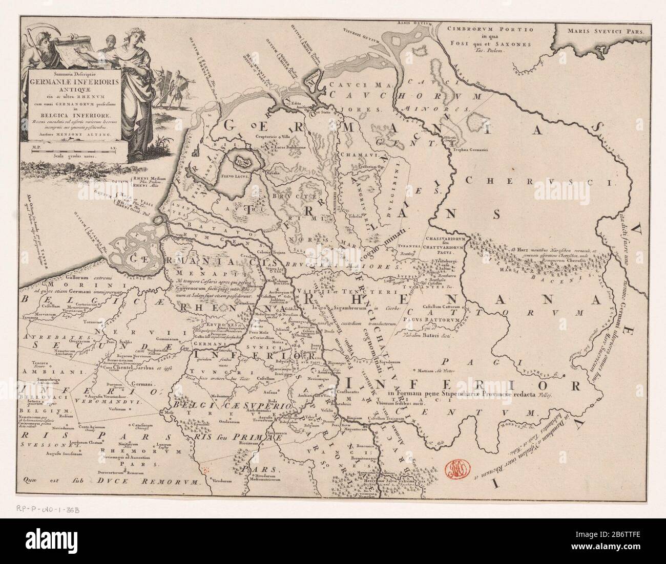 Historische kaart van Nederland met de gebieden van de Bataven en Friezen Summaria descriptio Germaniae Inferioris antiquae (titel op object) Map of regions in the Netherlands and surrounding countries in Roman times. Top left cartouche shown with title, around cartouche several figures, Where: under the personification of time, in the background Germanic two warriors (possibly a Bataaf, and a Fries). Scale Height under cartouche Scala gradus unius. Manufacturer : printmaker Jan Luyken Writer: Menso Alting (listed property) Place manufacture: Amsterdam Date: 1697-1700 and / or 1725 Physical fe Stock Photo
