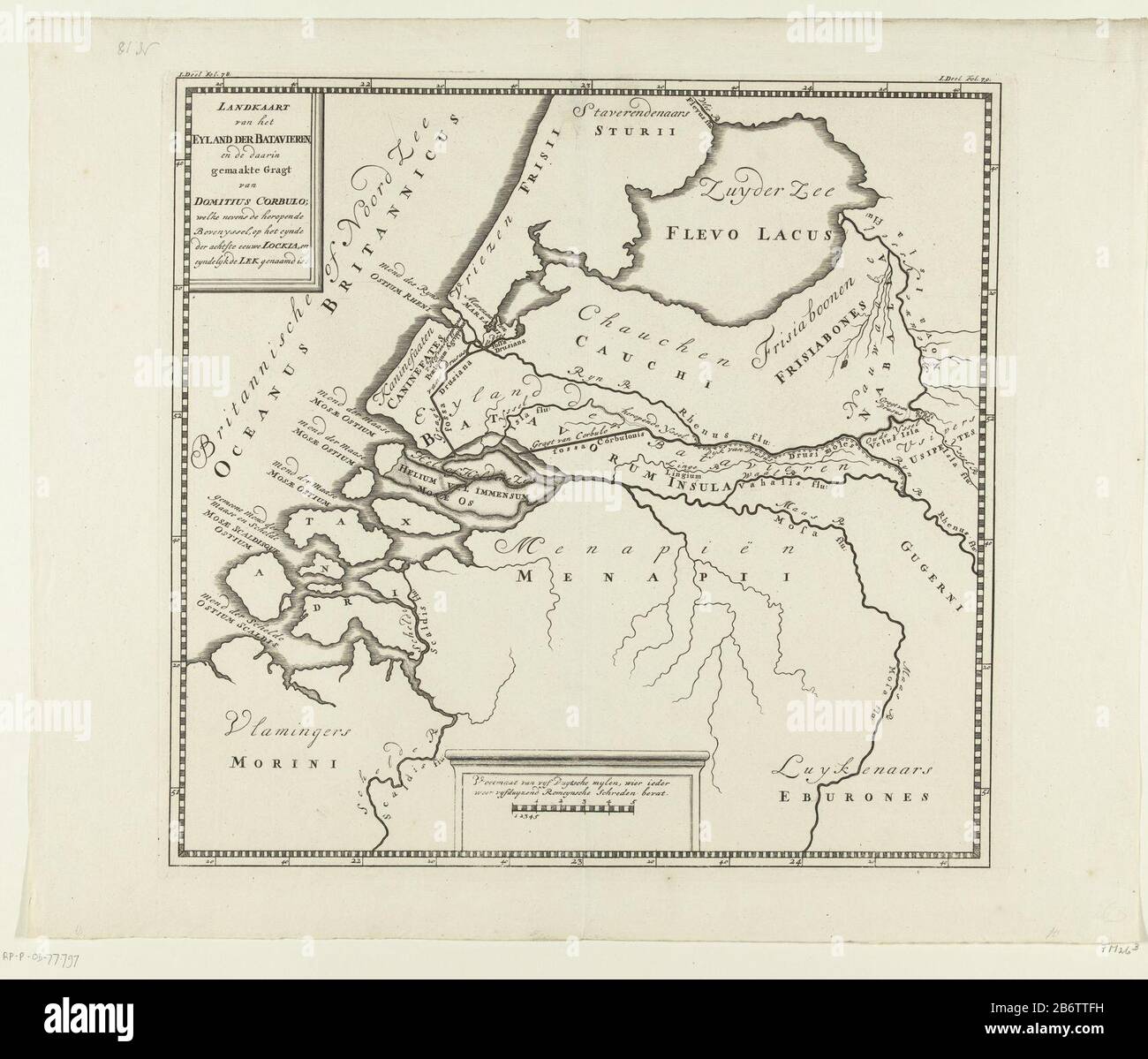 Historische kaart van Nederland met het kanaal van Corbulo Landkaart van het Eyland der Batavieren, en de daarin gemaakte Gragt van Domitius Corbulo (titel op object) Historical map of the Netherlands Where: on the order of the Roman general Gnaeus Domitius Corbulo canal dug the current Old Rhine and the Maas estuary covenant. Is part of the eight maps in G. van Loon, Dutch Ancient Histori ... since the advent of the Batavians in ... Holland, two parts, Pieter Dog, The Hague 1734. According inscription placed in: Part I, fol. 78 / 79. Manufacturer : print maker: anonymous location manufacture: Stock Photo