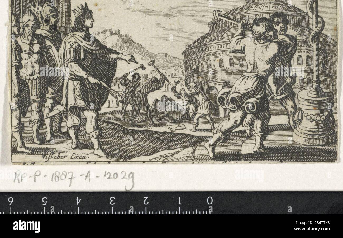Hizkia laat de afgoden en de koperen slang vernietigen King Hezekiah orders to the high places and images idols destroy. Two men beat on the brazen serpent of Moses. In the background to get his men another image omver. Manufacturer : printmaker: anonymous publisher Claes Jansz. Visscher (II) (listed building) Place manufacture: Amsterdam Date: 1601 - 1652 Physical features: etching material: paper Technique: etching Dimensions: sheet: H 61 mm × W 98 mm Subject: Hezekiah breaks Moses' brazen serpent Stock Photo