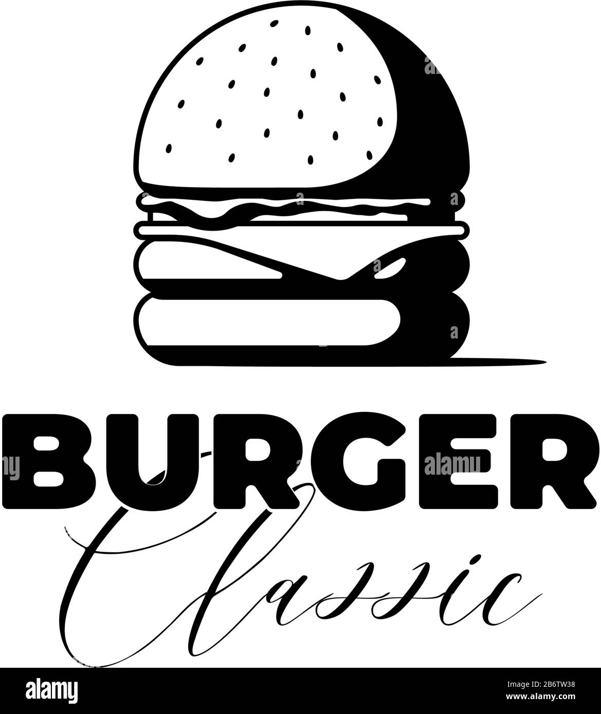 Classic burger fast food meal advertising banner with lettering inscription. Delicious hamburger or cheeseburger vintage promotional design template. Vector black illustration for restaurant menu Stock Vector