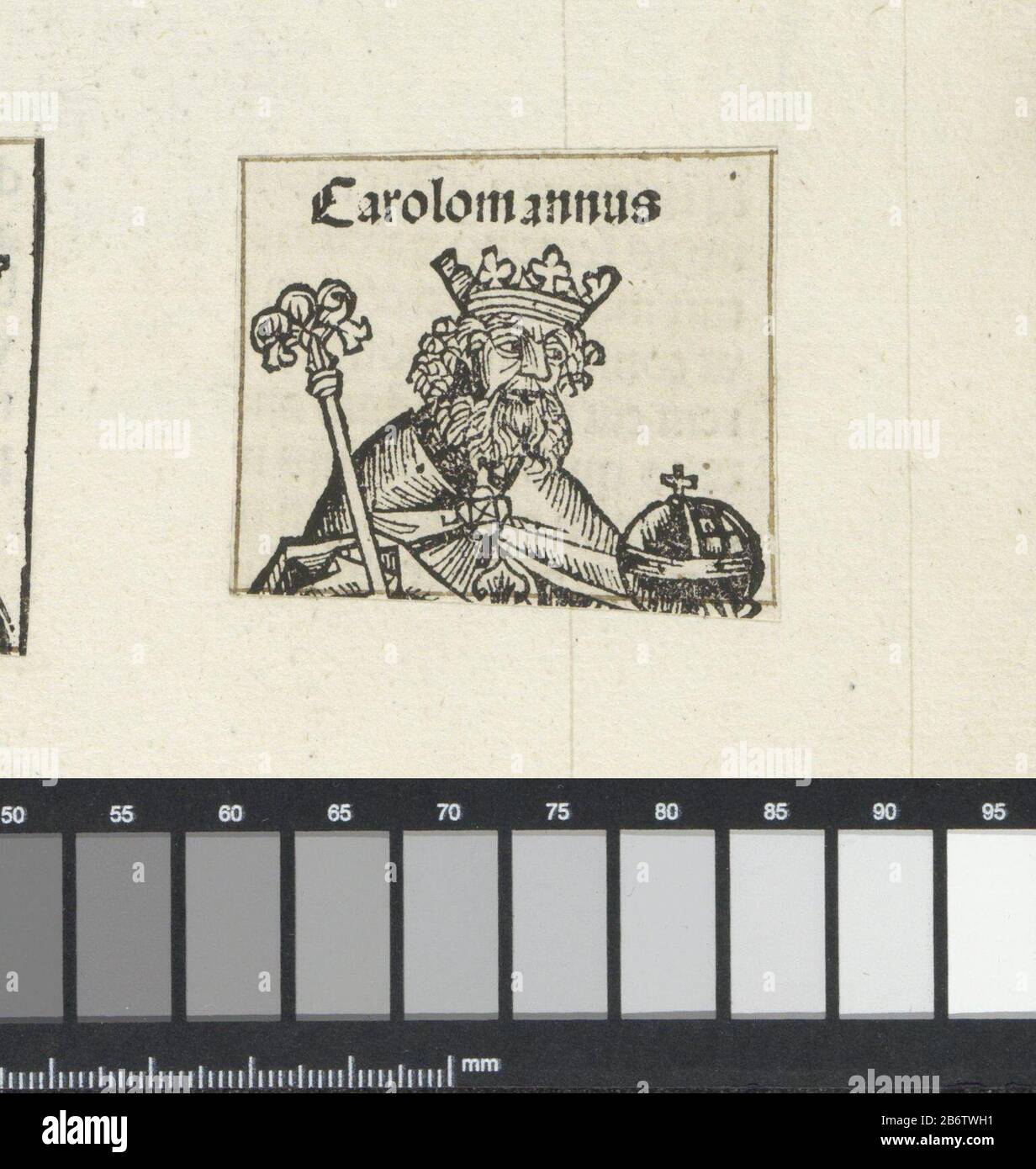 Hofmeier Karloman Justinianus (titel op object) Liber Chronicarum (serietitel) Een halve koning, naar rechts gekeerd. In zijn handen heeft hij een rijksappel en een scepter. De tekst identificeert de man als hofmeier Karloman, zoon van Karel Martel. De prent maakt deel uit van een album. Manufacturer : prentmaker: Michel Wolgemut (atelier van)prentmaker: Wilhelm Pleydenwurff (atelier van)Plaats manufacture: Neurenberg Dating: 1493 Physical kenmerken: houtsnede geplakt op albumblad; tekst in boekdruk; verso met tekst in boekdruk Material: papier Techniek: boekdruk / houtsnede / plakken Dimensio Stock Photo