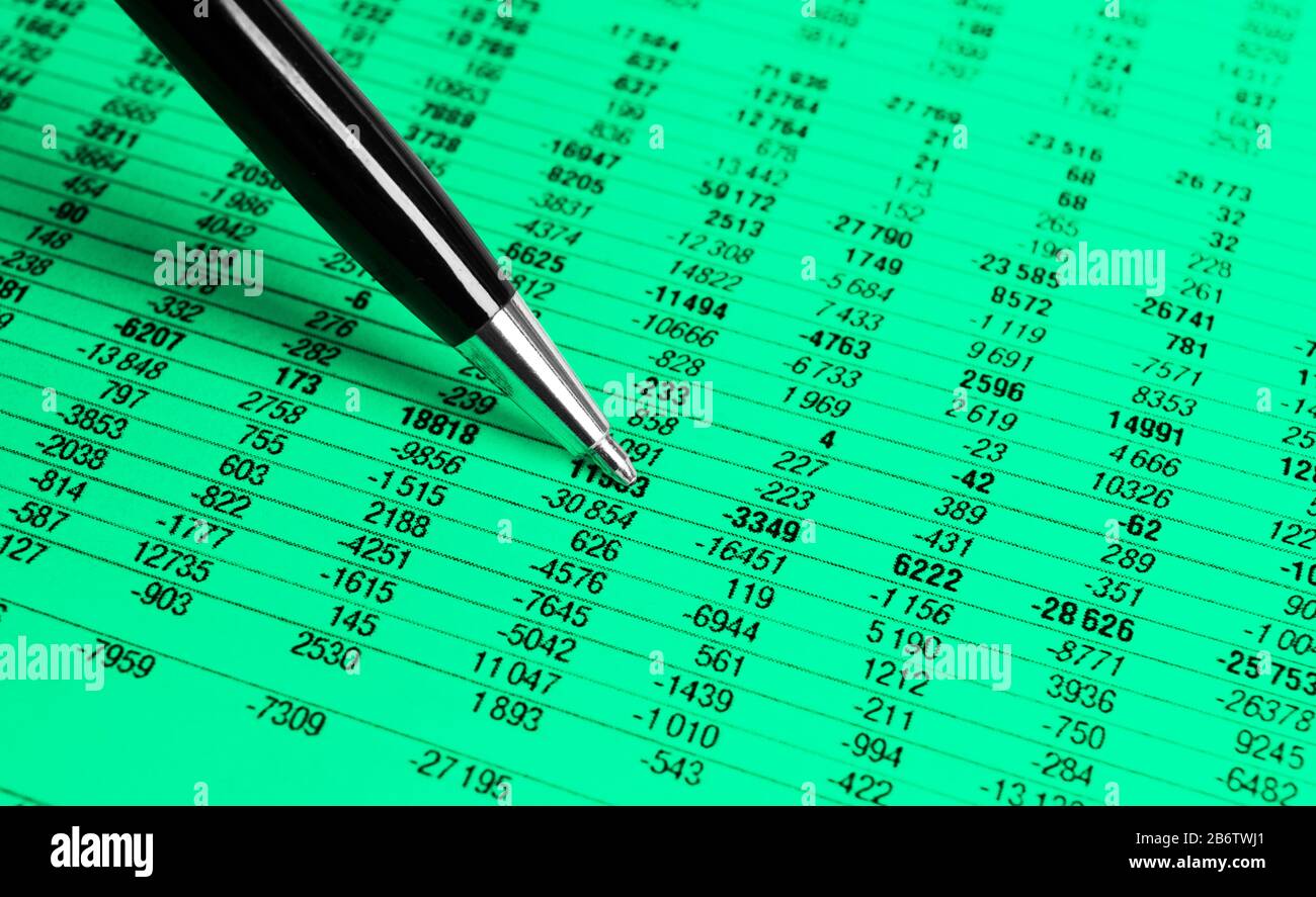 Financial concept. Calculator, pen and glasses on financial documents. Financial accounting. Balance sheets. Closeup of financial statements and annua Stock Photo