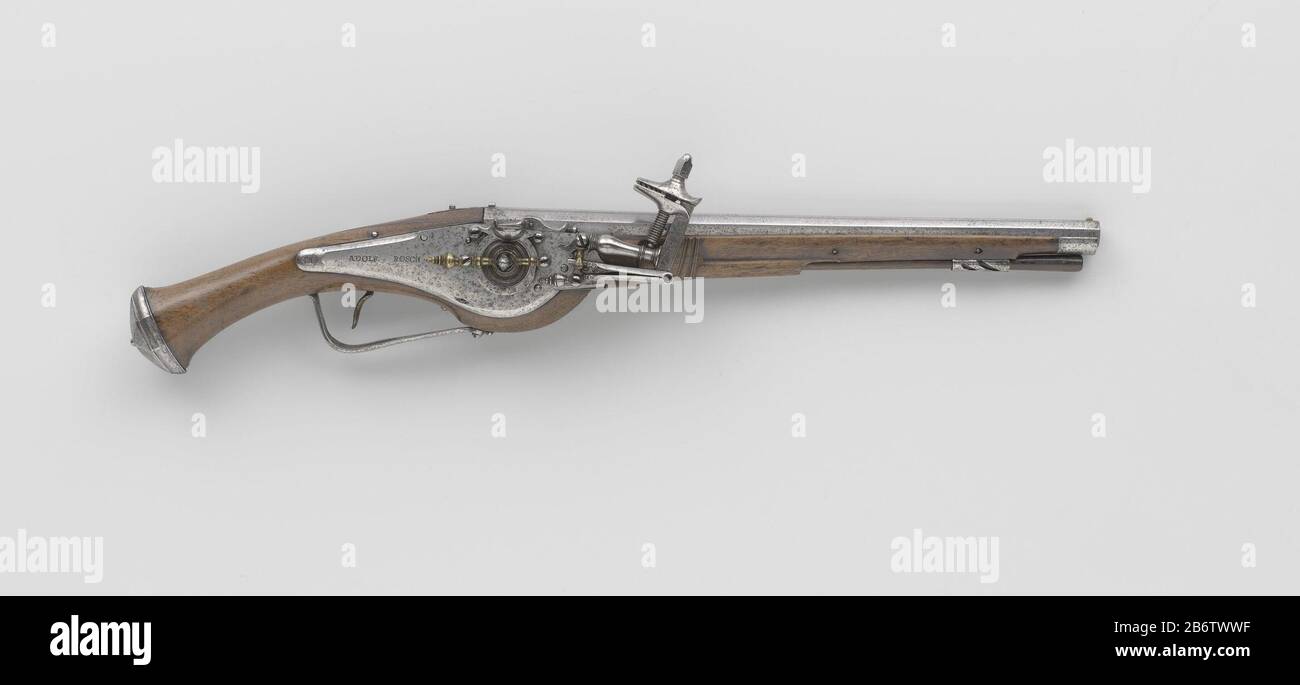 Bedenk klimaat Kenmerkend Hollands radslotpistool Standaard radslotpistool van het Staatse leger  1620-1630, deel van een koppel. De haan van het slot is gegraveerd met  bladerranken; het uitwendige rad is van verguld geelkoper; de slotplaat is