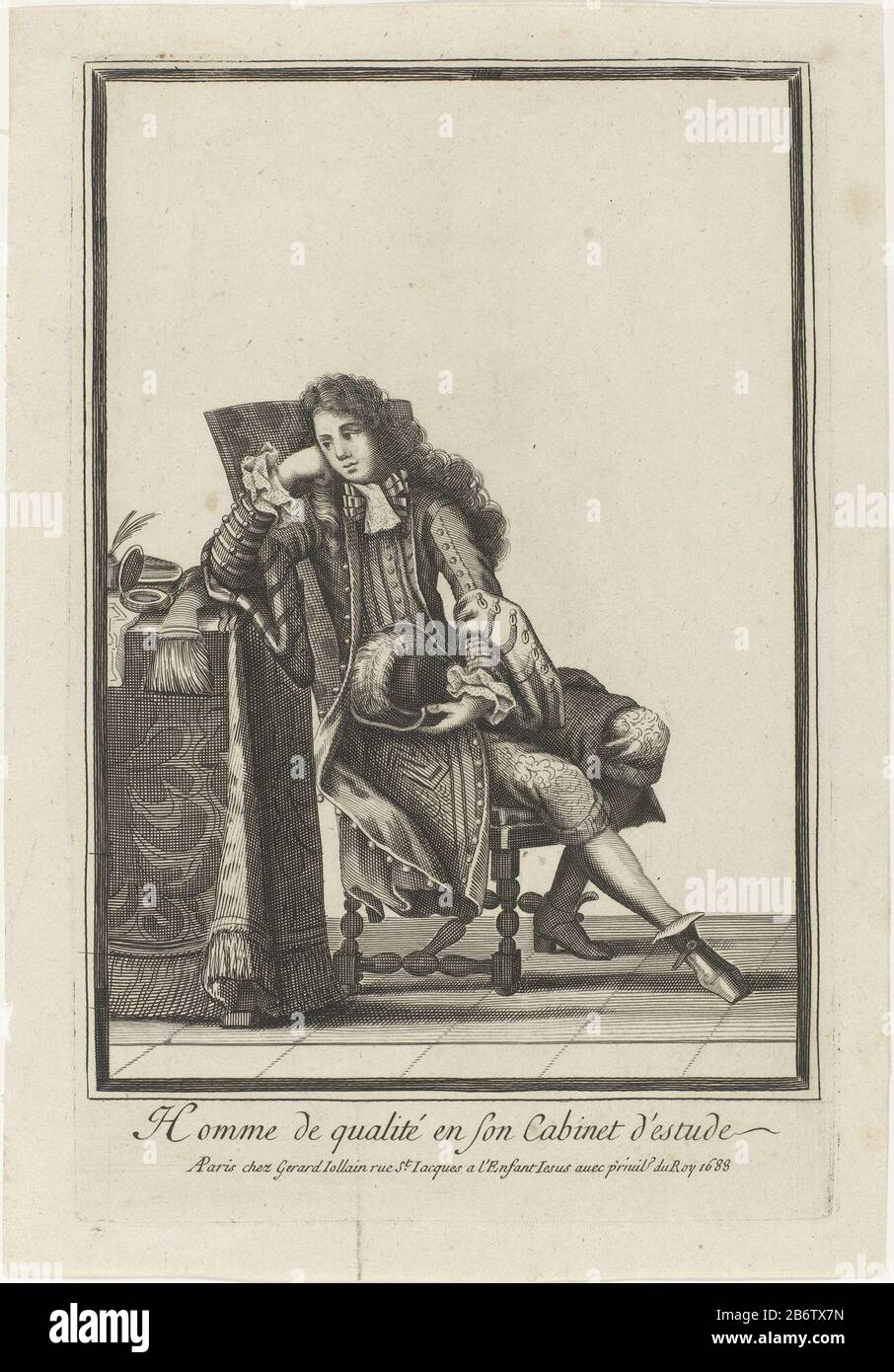 An elegant young man wearing a justaucorps, kamizool and shorts, in pensive  pose sitting at a table writing. He wears long curly hair to the shoulders  (allongekapsel) and his hat with feather