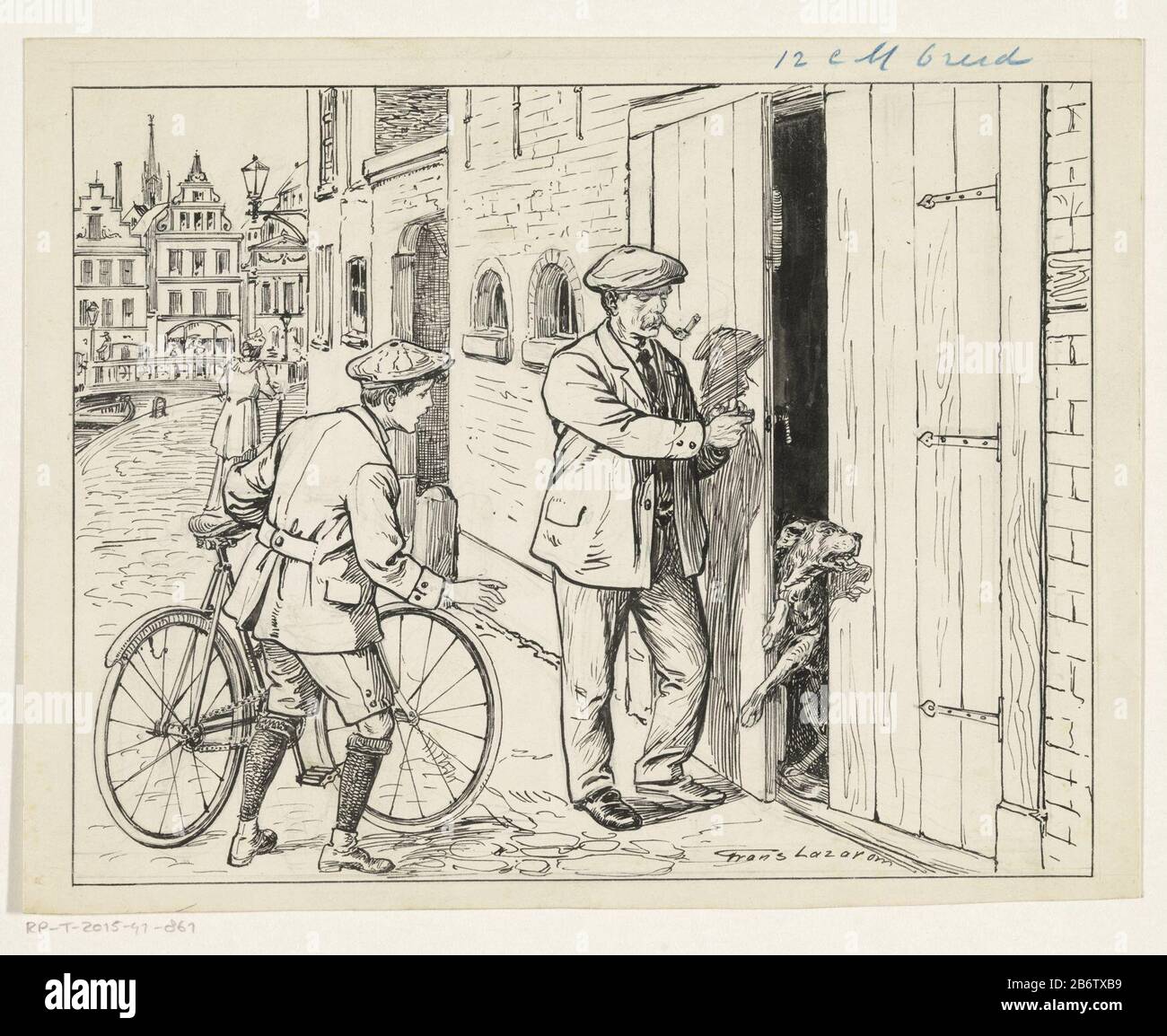 Hond probeert te ontsnappen In a street on a canal stands a man with a pipe in front of a store. The door is ajar and a dog tries to squeeze through the opening. A boy with a bicycle looks going to tafereel. Manufacturer : artist: French Lazarom (personally signed) Date: 1890 - 1936 Physical features: pen and brush in Indian ink and pencil material: paper Indian ink Pencil Technique: pen / brush dimensions: h 174 mm × W 222 mm Subject: dogstreet (+ city (-scape) with figures, staffage) open by Stock Photo