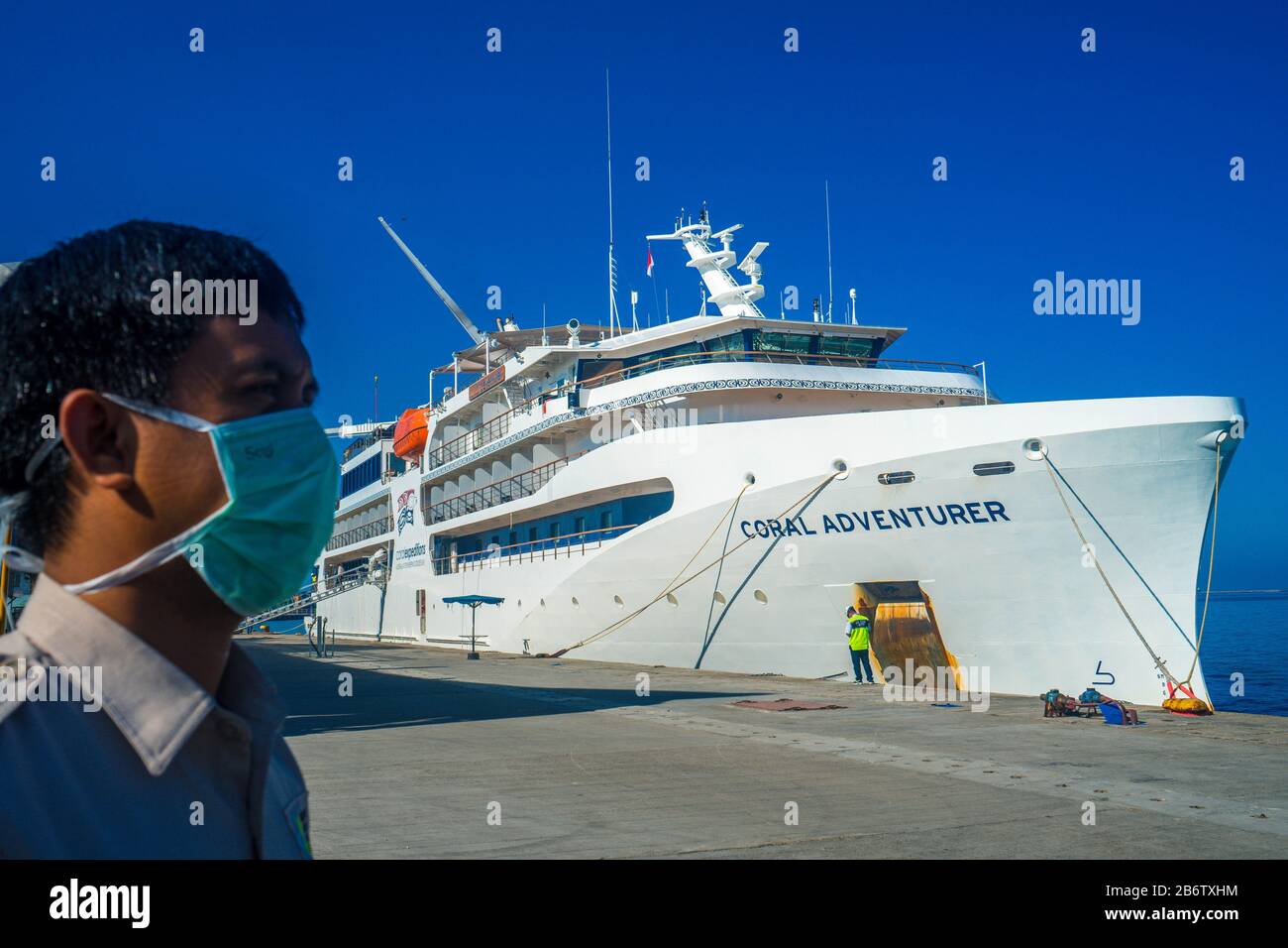 Makassar, South Sulawesi, Indonesia. 12th Mar, 2020. A cruise ship from  Australia, Coral Adventure docked at Soekarno-Hatta Harbor. This ship  carries 44 passengers and 34 crew who will be in Makassar City