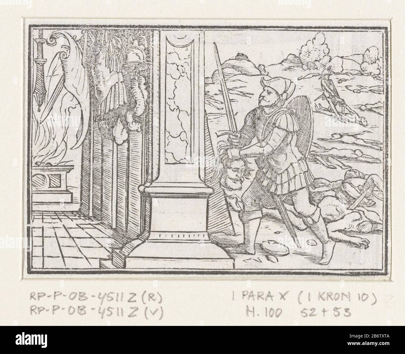Hoofd van Saul wordt tempel van Filistijnen binnengebracht A Philistine has fallen plundered on the battlefield and running with Saul's head to the temple to announce the victory of the gods and the people. In the temple already depends on the armor of Saul and burns the altaarvuur. Manufacturer : print maker: Hans Holbein (II) are block cutter: Veit Rudolf Speck Linda Tering: 1538 Physical characteristics: wood block material: paper Technique: wood block dimensions: image: h 60 mm × b 85 mmblad: h 79 mm × W 97 mmToelichtingHoutblok first used in: Biblia Utriusque Testamenti iuxta Vulgatam Tra Stock Photo
