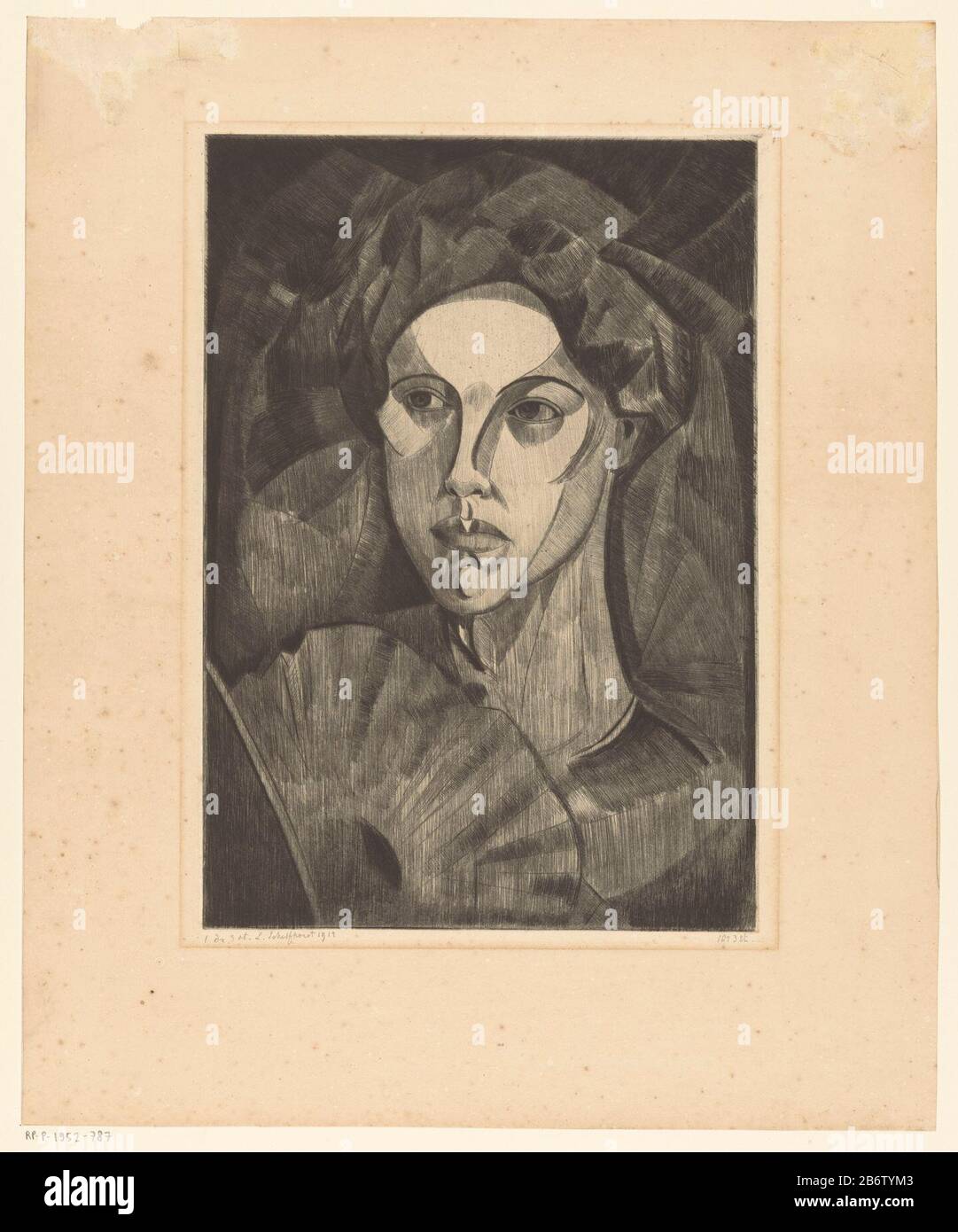 a woman with a waaier. Manufacturer : printmaker Lodewijk Schelfhout (personally signed) printer: DelâtrePlaats manufacture: Paris Date: 1912 Physical features: drypoint on zinc material: paper Technique: drypoint dimensions: plate edge: h 333 mm b × 232 mm Subject: head (human) - AA - female human rights and figurefan Stock Photo