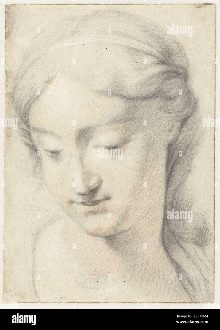 Hoofd van een vrouw met een haarband Head of a woman wearing a hair band type of object: Drawing Object number: RP-T 00-213 Manufacturer : artist: David van der Plas Dated: 1657 - 1704 Physical features: pencil, red and white chalk material: paper pencil chalk Dimensions: h × 138 mm b 98 mm Subject: head (human) - AA - female human figure Stock Photo