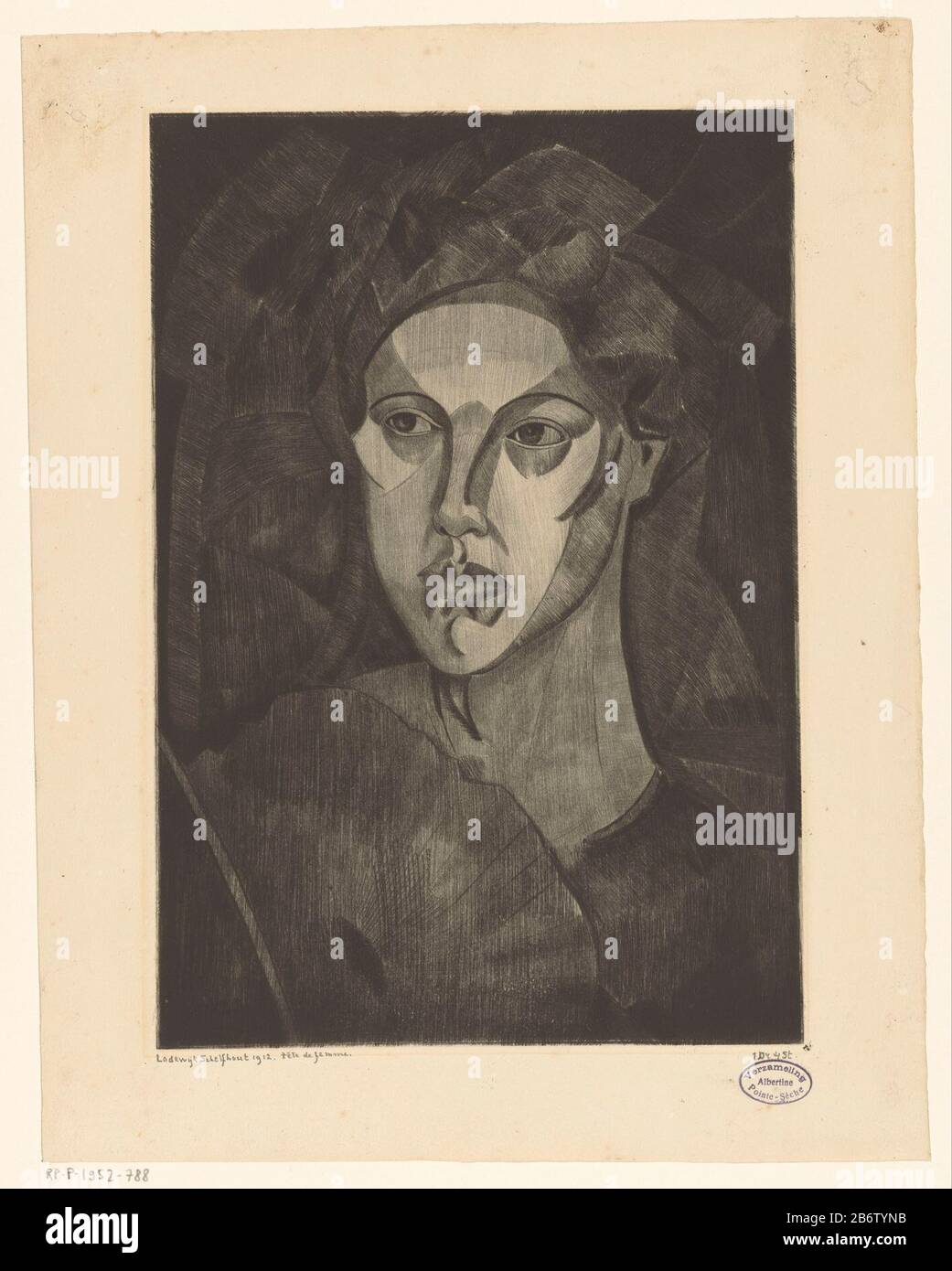 a woman with a waaier. Manufacturer : printmaker Lodewijk Schelfhout (personally signed) printer: DelâtrePlaats manufacture: Paris Date: 1912 Physical features: drypoint on zinc material: paper Technique : drypoint dimensions: plate edge: h 333 mm × W 232 mm Subject: head (human) - AA - female human rights and figurefan Stock Photo