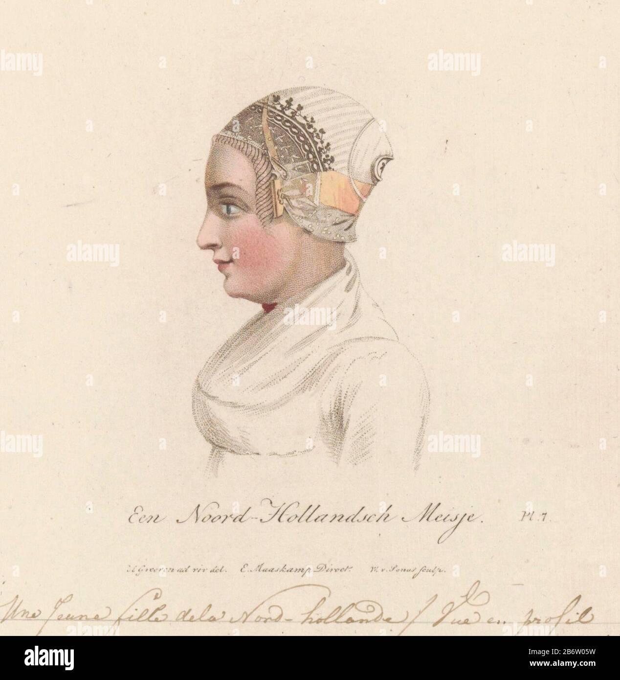 Hoofddracht van een meisje uit Noord-Holland, 1816 Een Noord-Hollandsch  Meisje Une Jeune fille de la Nord-hollande Vue en profil (titel op object)  Bust of a young woman from North Holland in costume ,